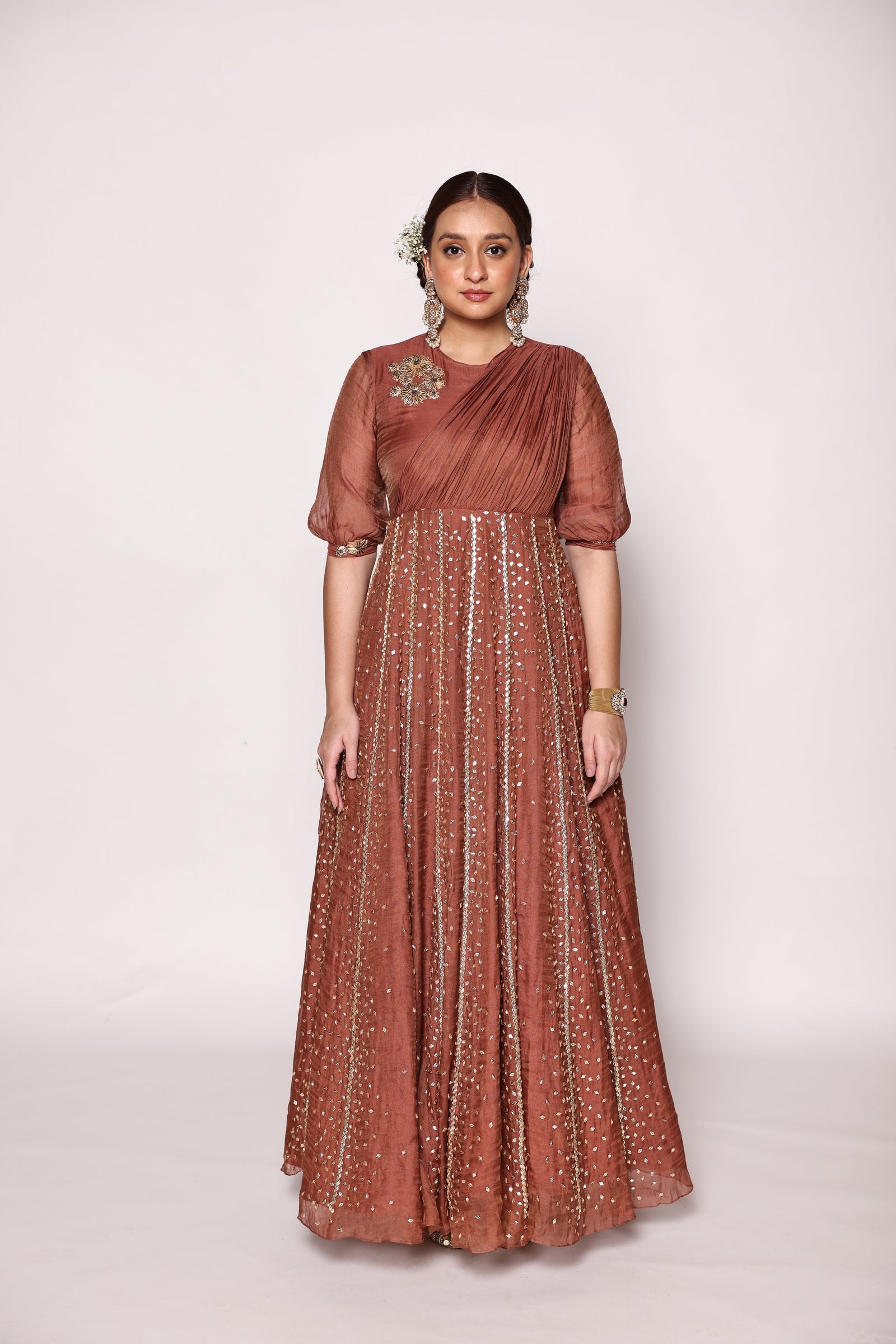Floor Length Panneled  Dress With Front Drape