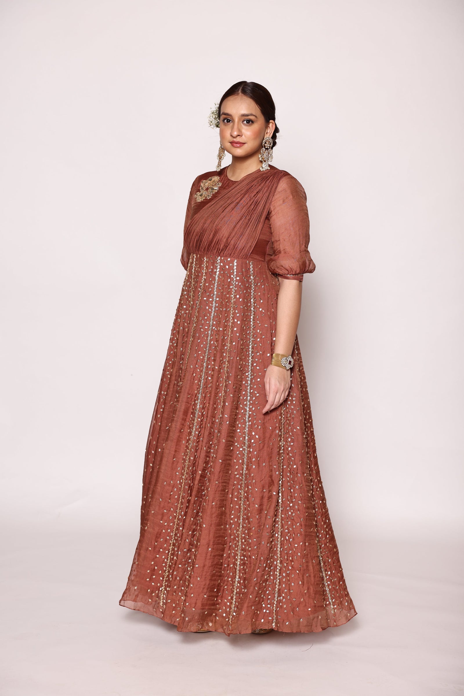 Floor Length Panneled  Dress With Front Drape