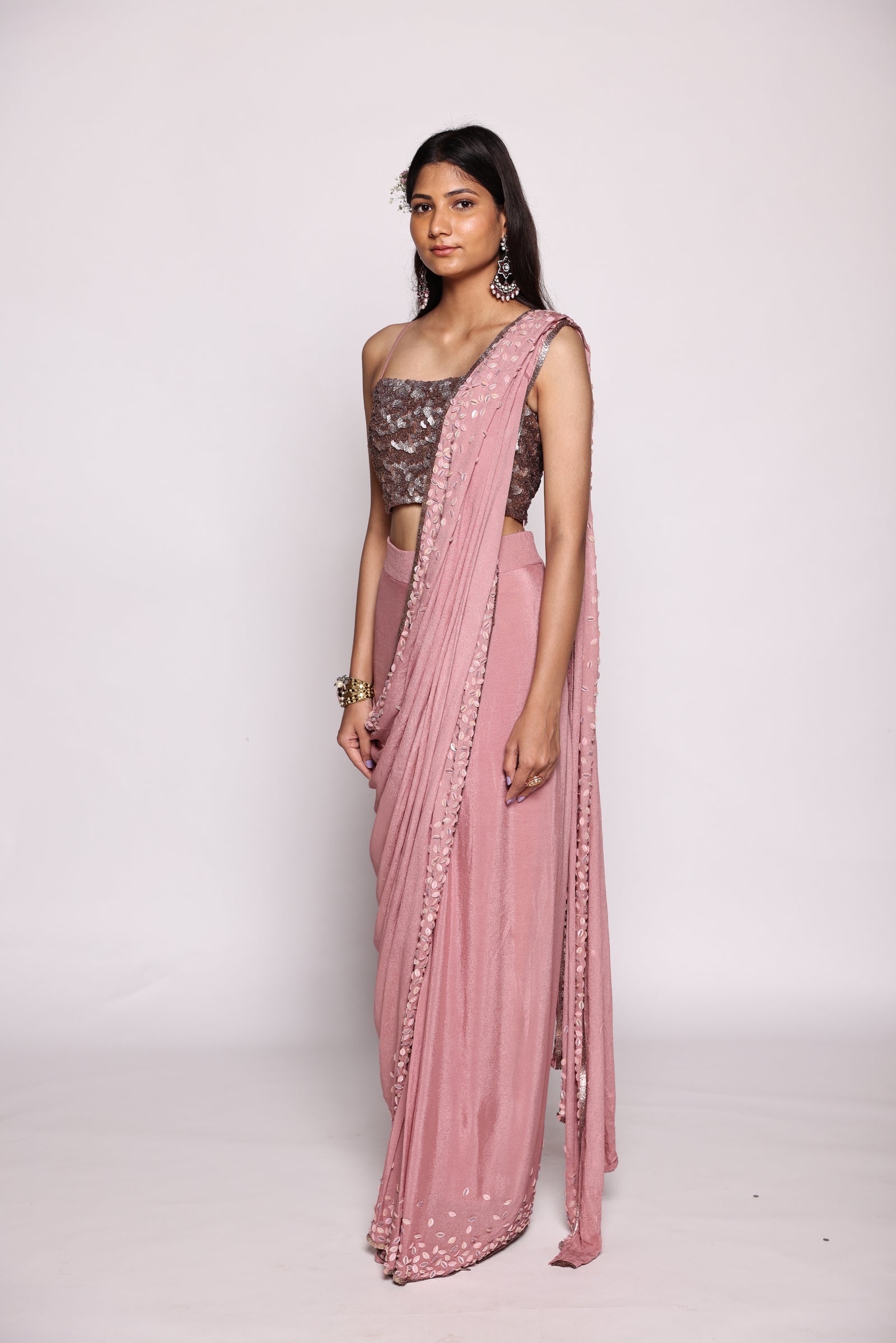 Fully Embellished Holographic Sequin Blouse With Spaghetti Straps Along With A Pre Stitched  Saree