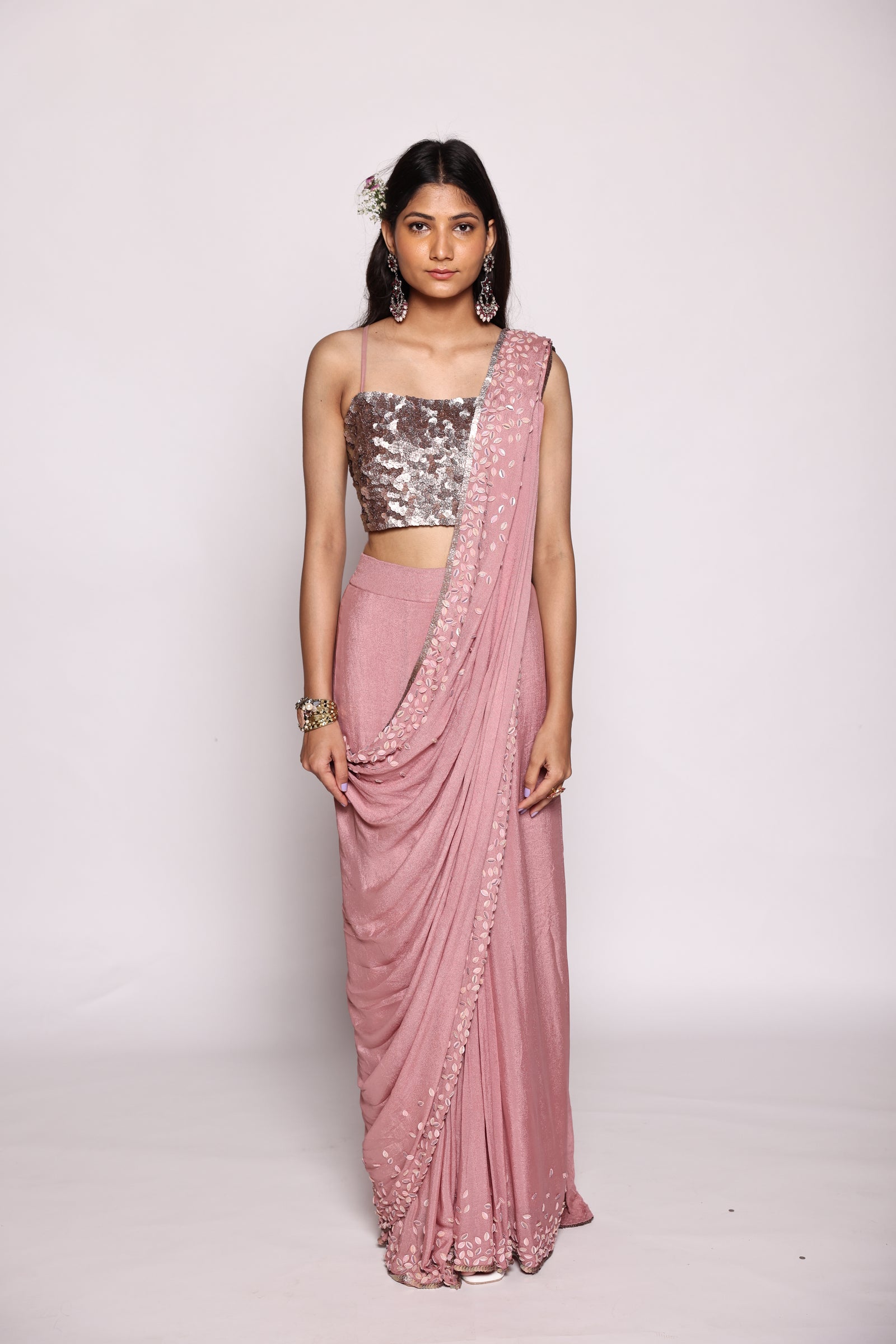 Fully Embellished Holographic Sequin Blouse With Spaghetti Straps Along With A Pre Stitched  Saree