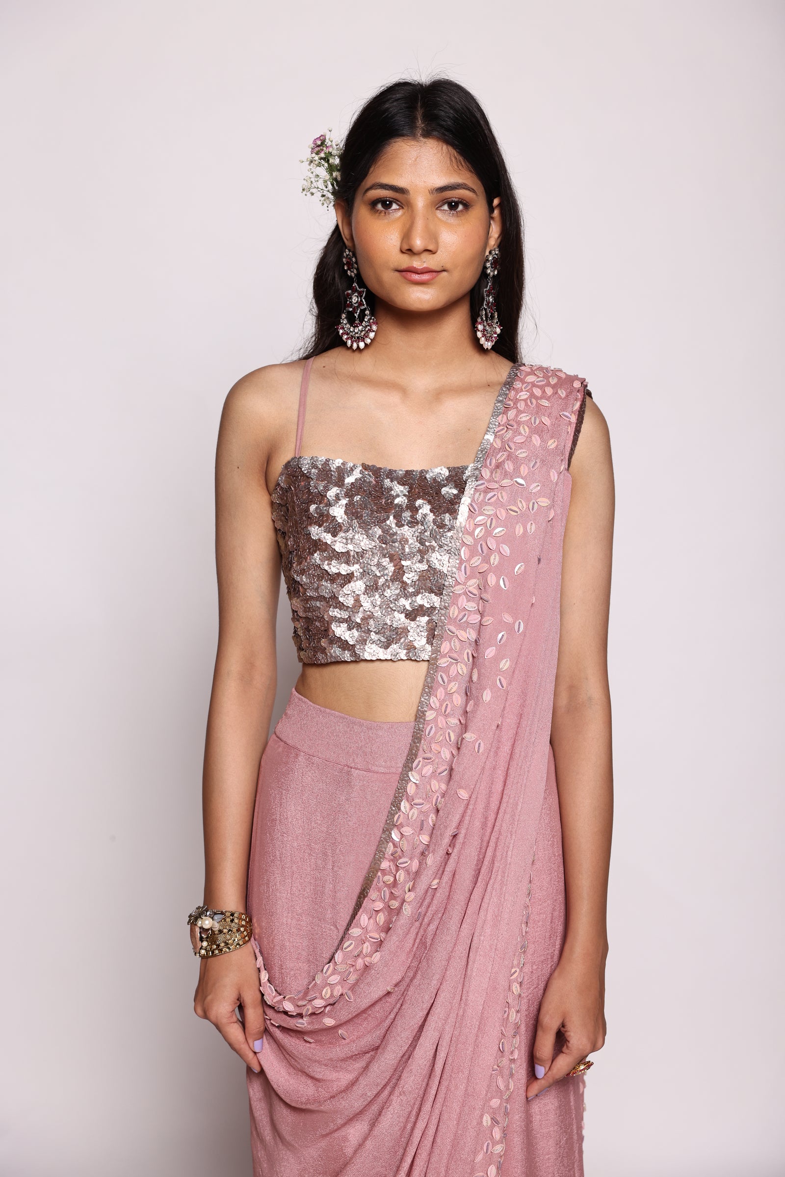 Fully Embellished Holographic Sequin Blouse With Spaghetti Straps Along With A Pre Stitched  Saree