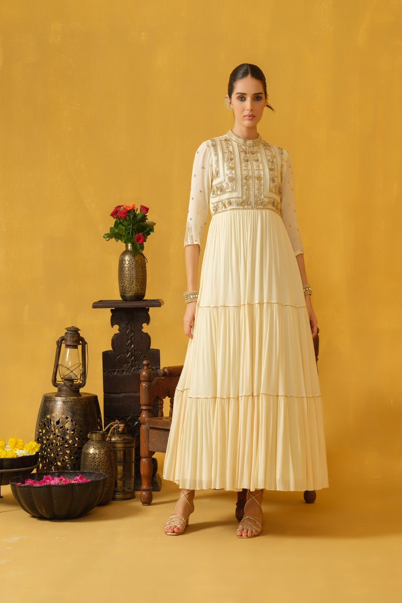 Mandarin Collar, 3/4 Sleeve, Full Length Tiered Dress