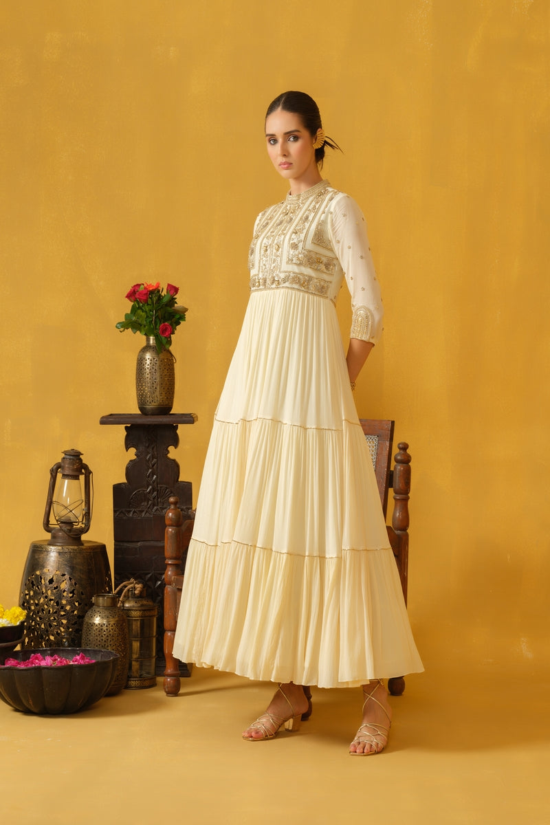 Mandarin Collar, 3/4 Sleeve, Full Length Tiered Dress