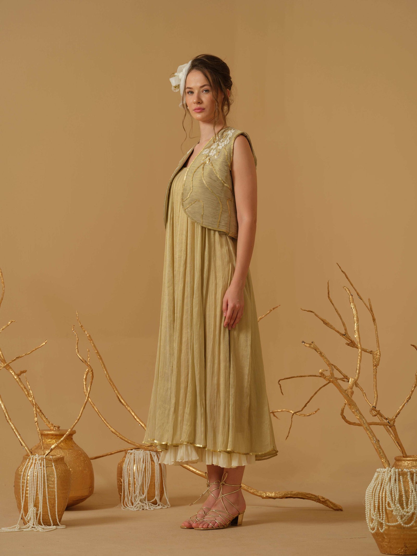 A Noodle Strap, Calf Length Flared  Dress