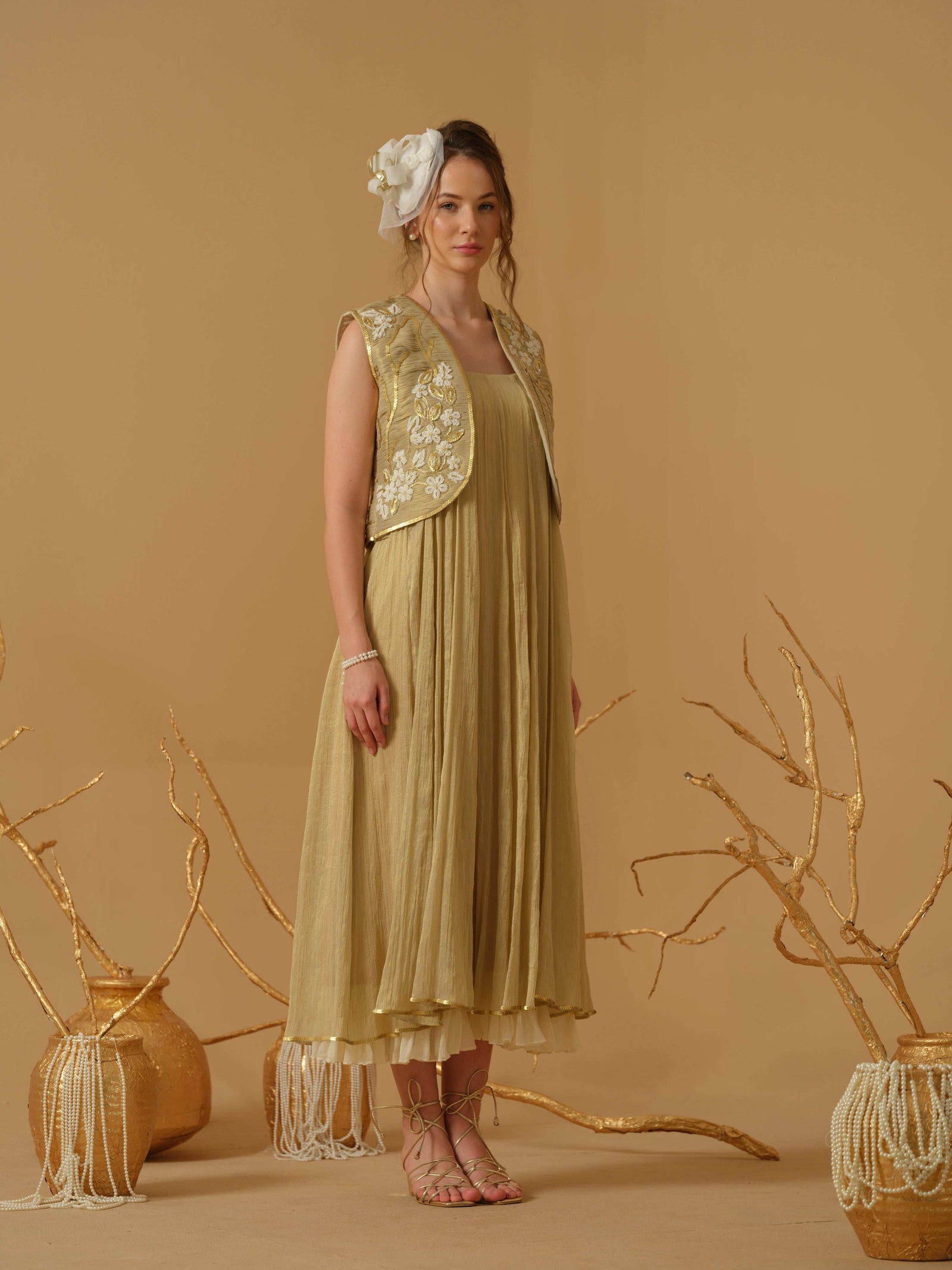 A Noodle Strap, Calf Length Flared  Dress