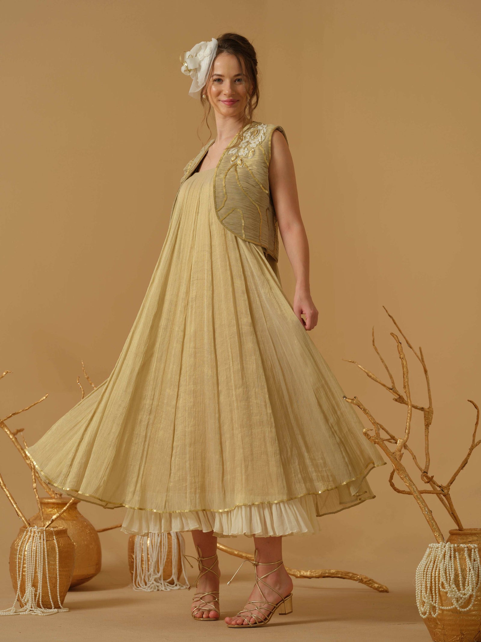 A Noodle Strap, Calf Length Flared  Dress