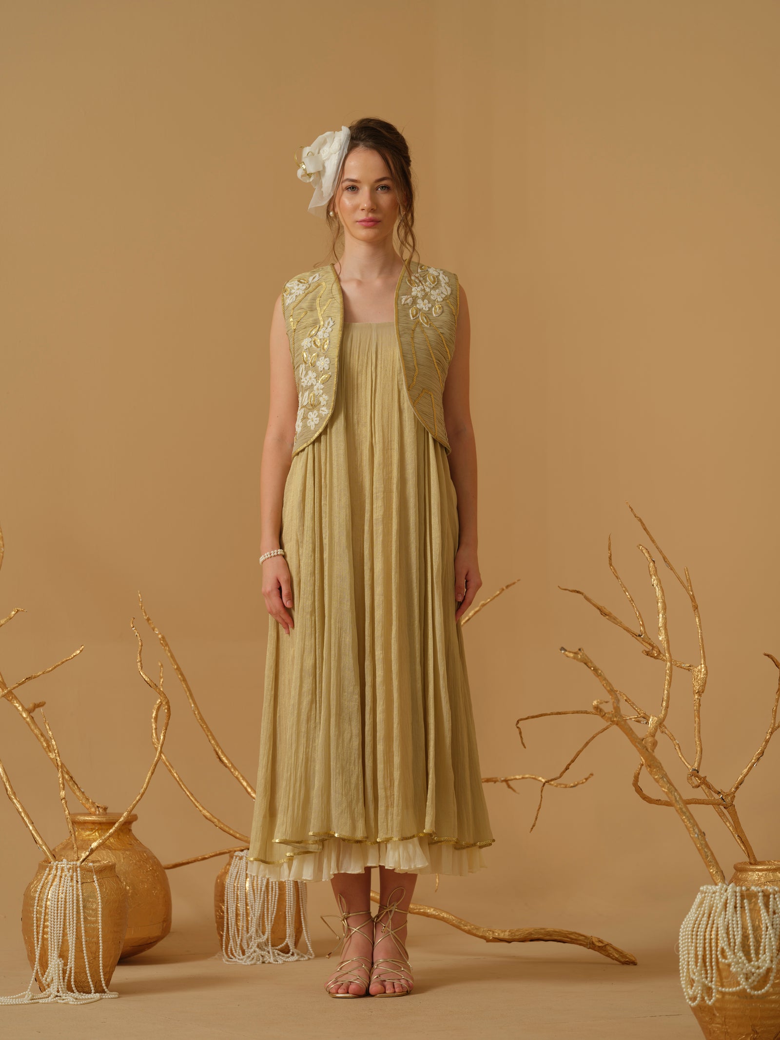 A Noodle Strap, Calf Length Flared  Dress