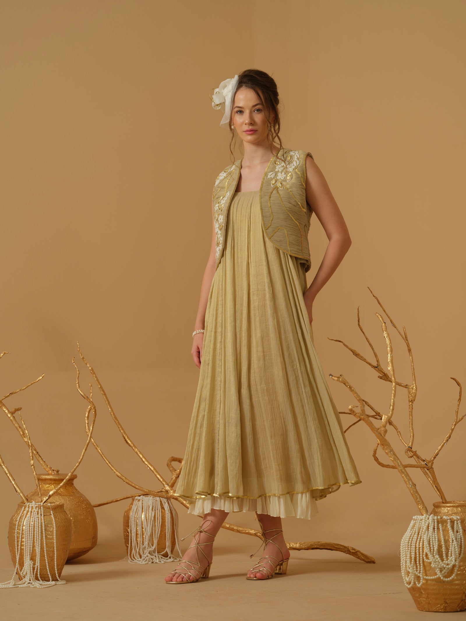 A Noodle Strap, Calf Length Flared  Dress