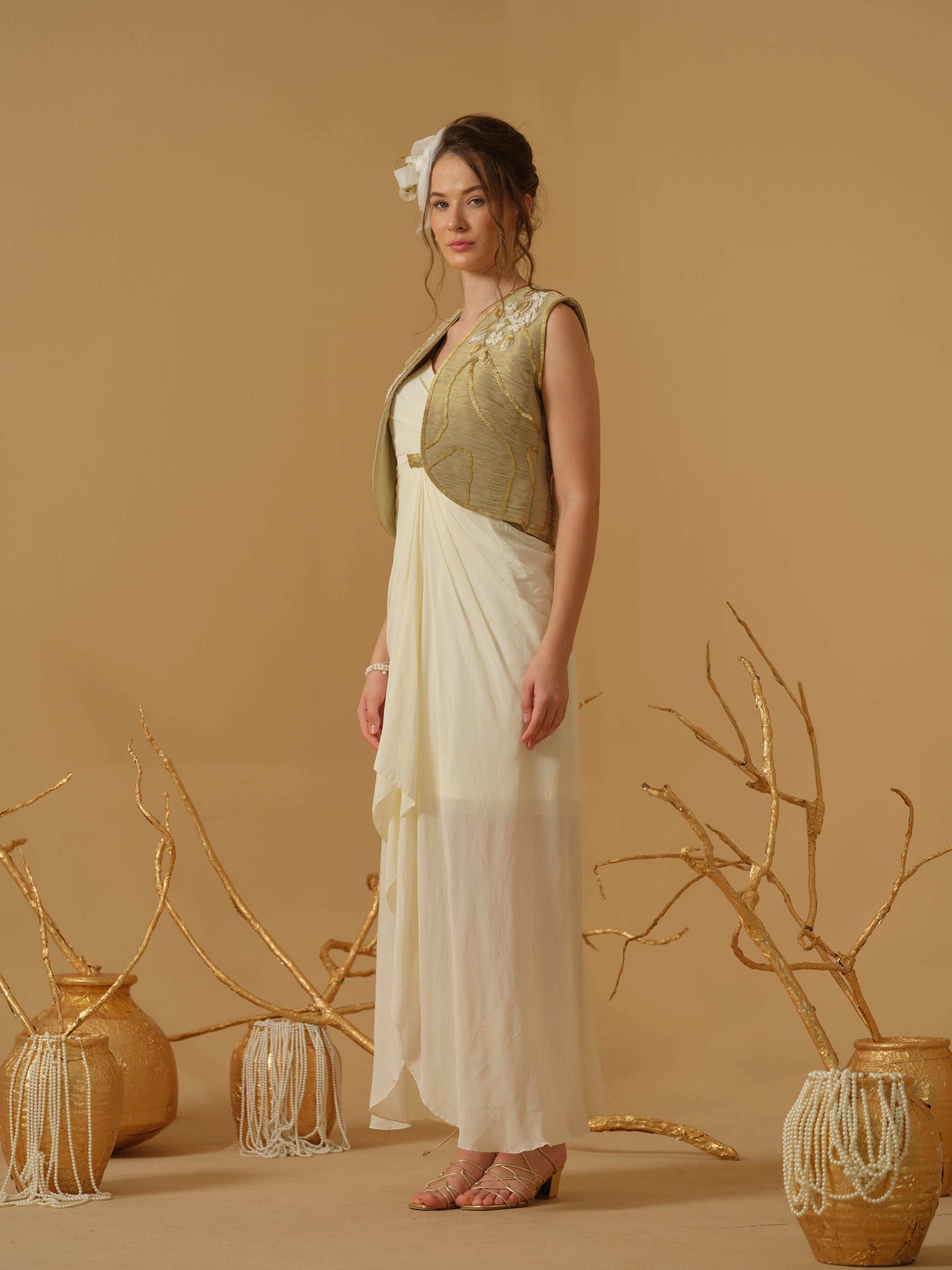 A Noodle Strap ,V Neck Draped Dress