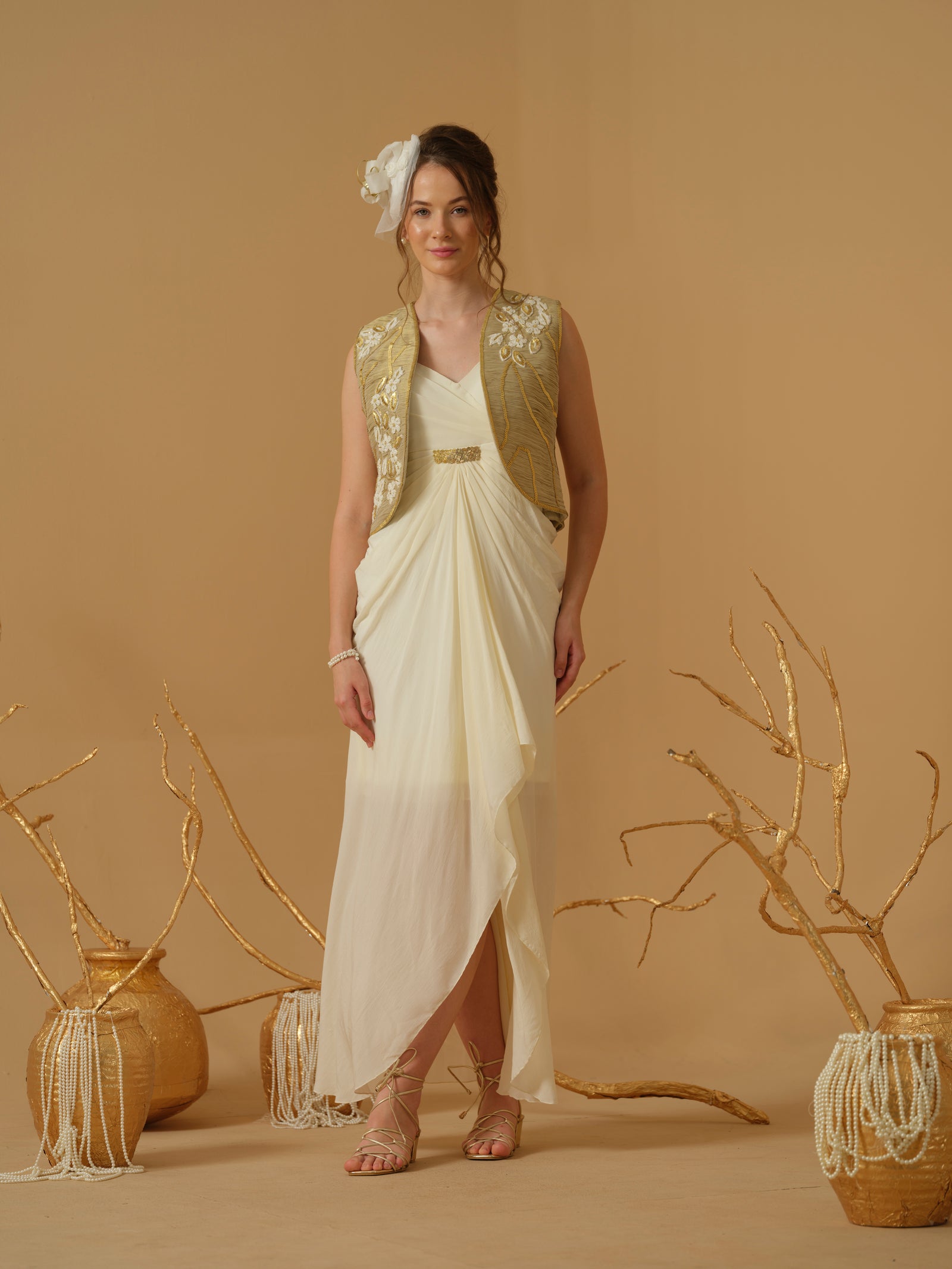 A Noodle Strap ,V Neck Draped Dress