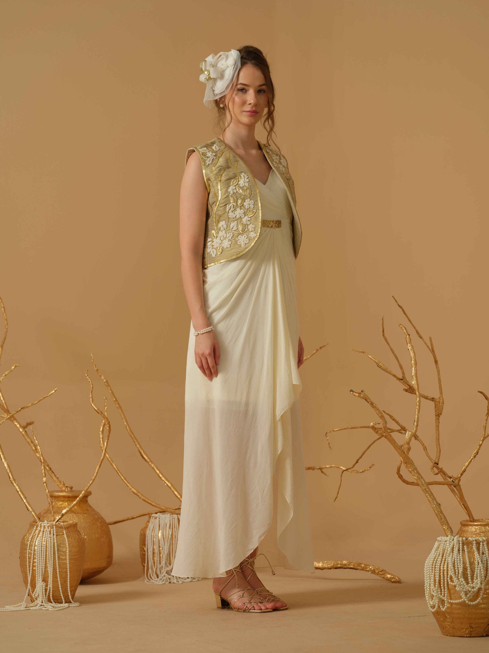 Draped Dress With Open Rushed Jacket