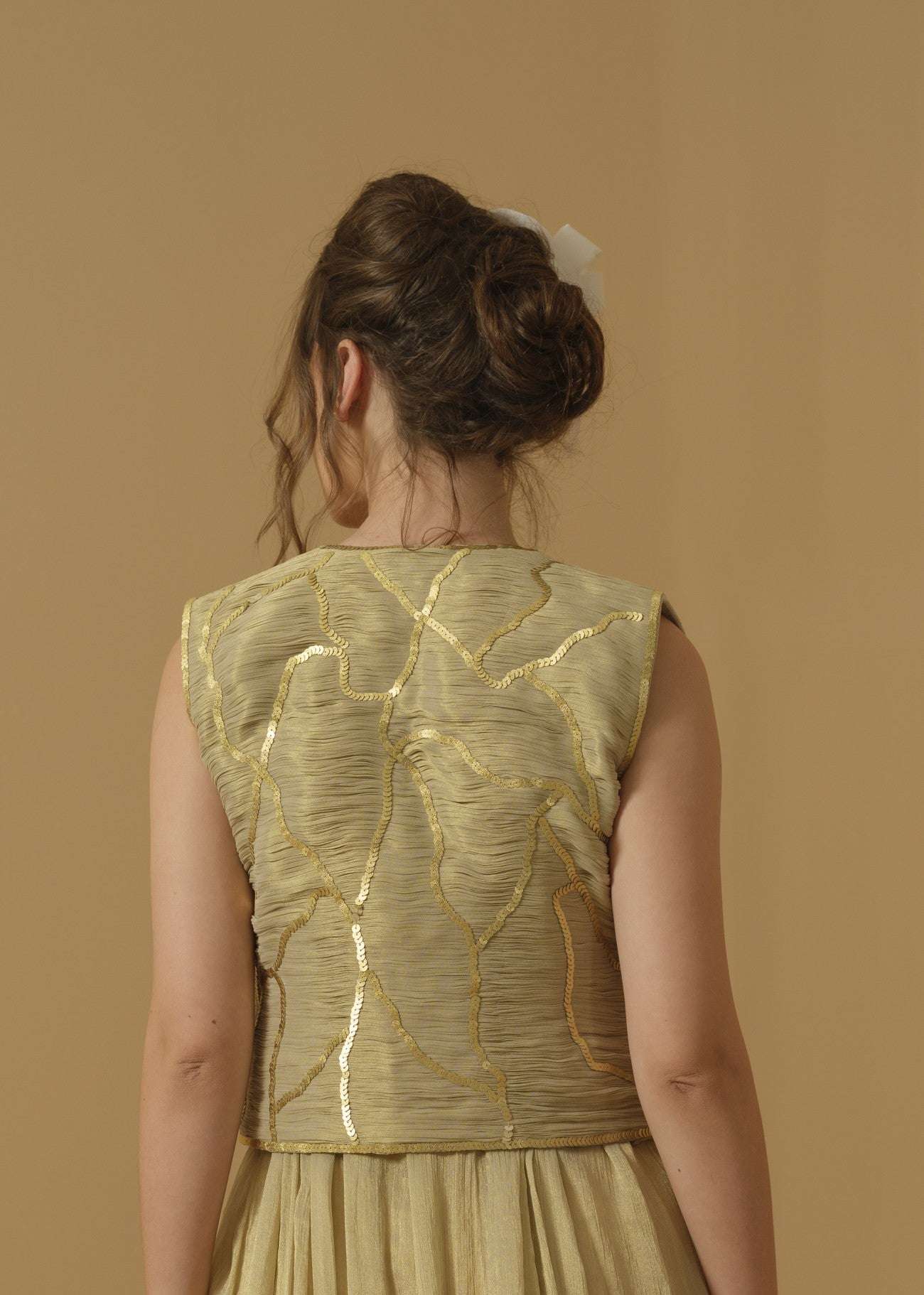 Ruched Open  Jacket Having Floral Placement Embroidery