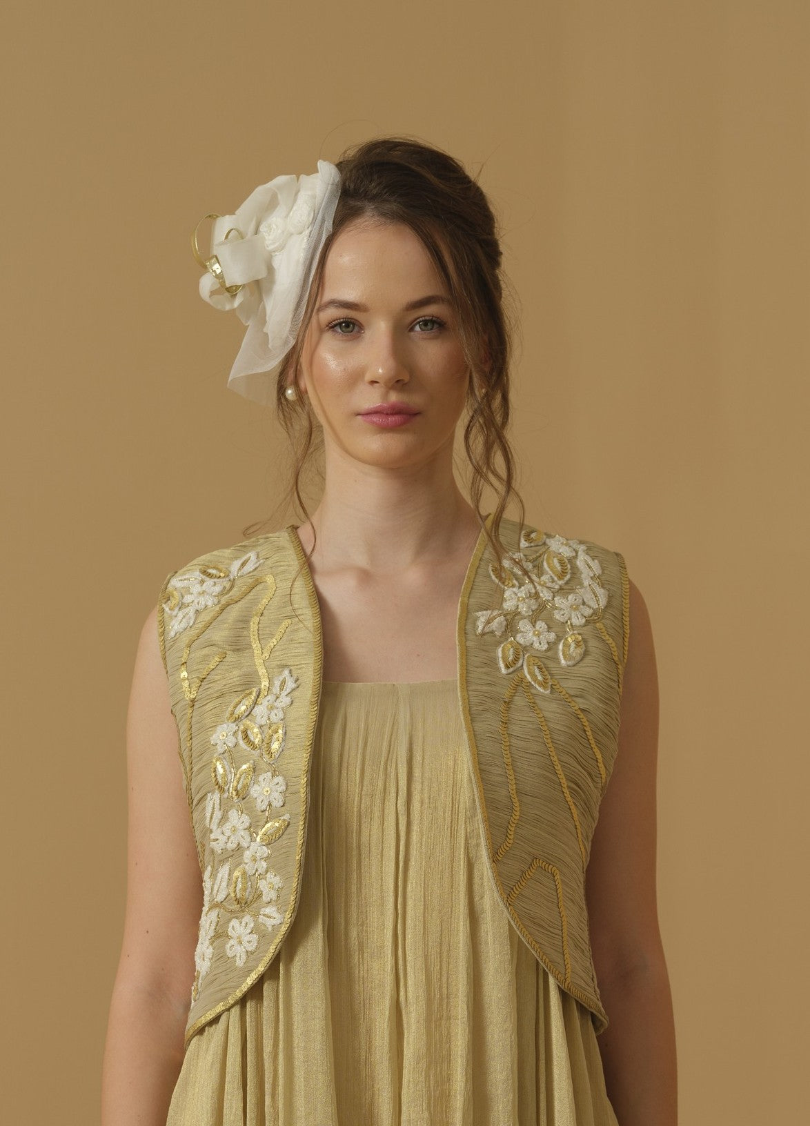 Ruched Open  Jacket Having Floral Placement Embroidery