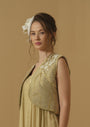Ruched Open  Jacket Having Floral Placement Embroidery