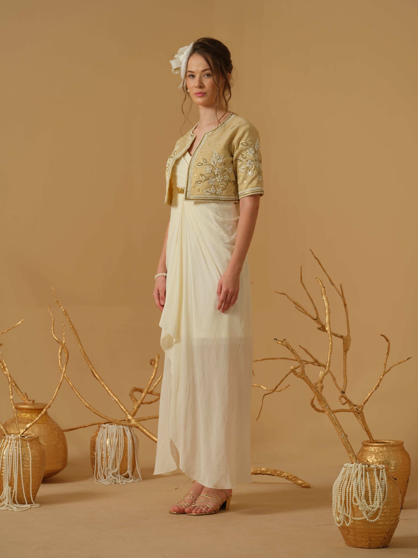 A Noodle Strap ,V Neck Draped Dress With Assymetrical Hemline