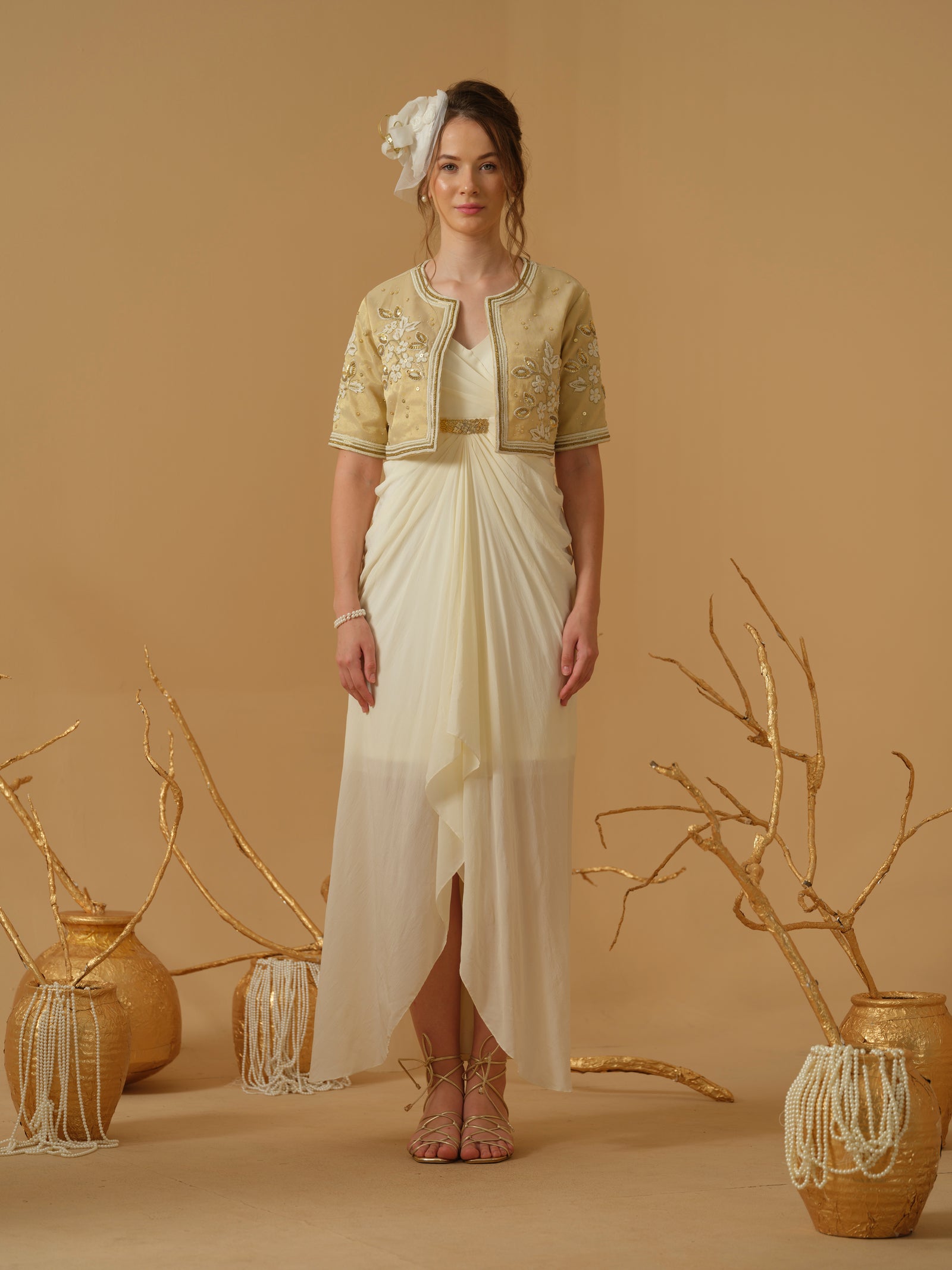 A Noodle Strap ,V Neck Draped Dress With Assymetrical Hemline