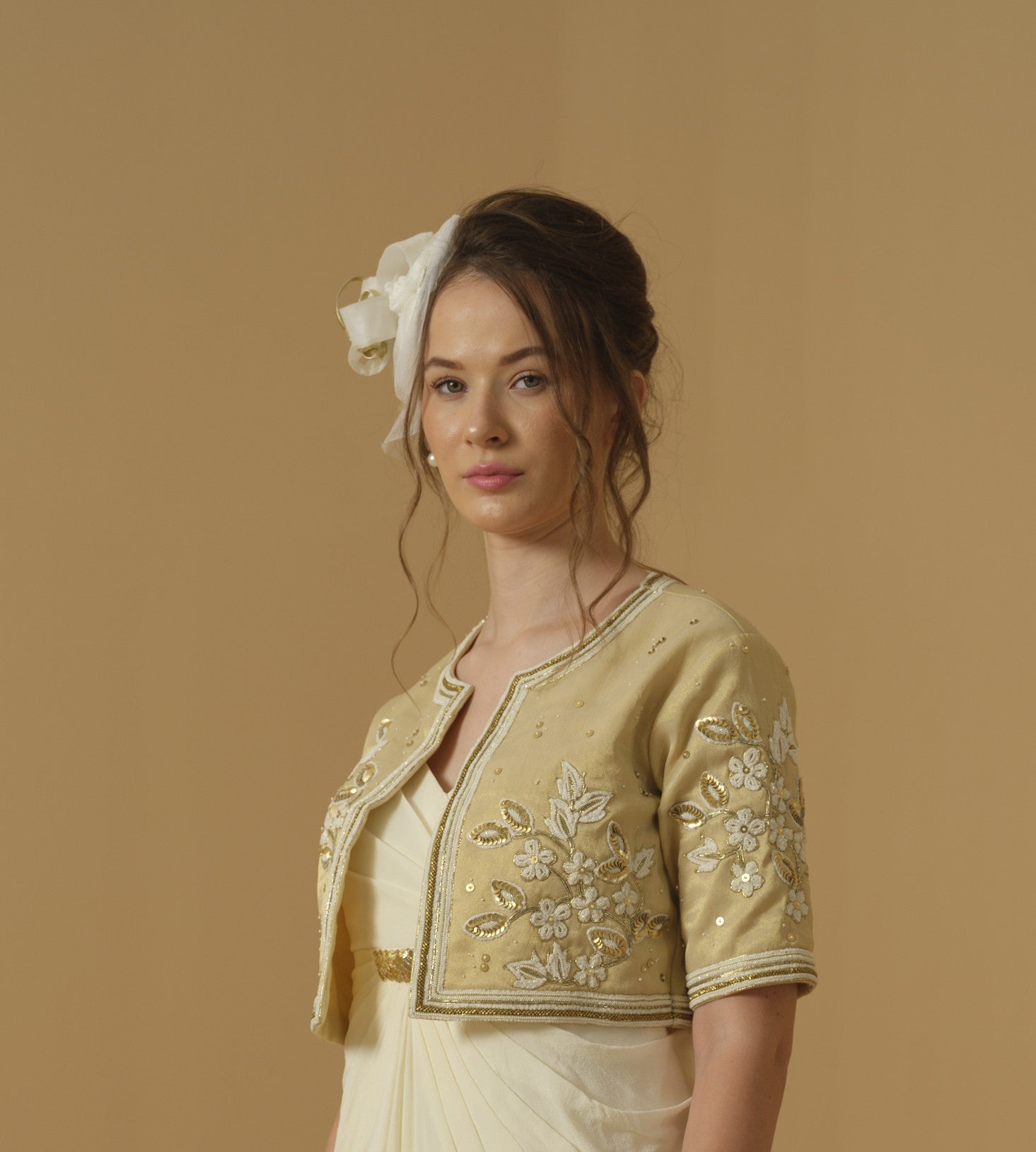 Open Jacket, Above Elbow Sleeves Having Floral Embroidery