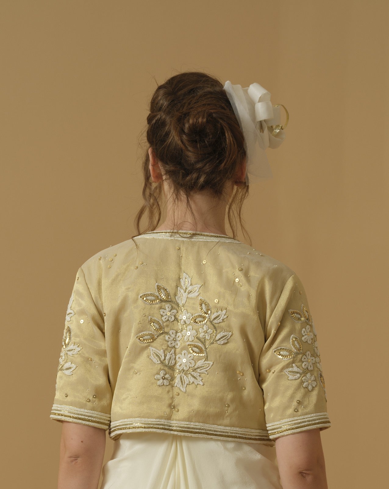 Open Jacket, Above Elbow Sleeves Having Floral Embroidery