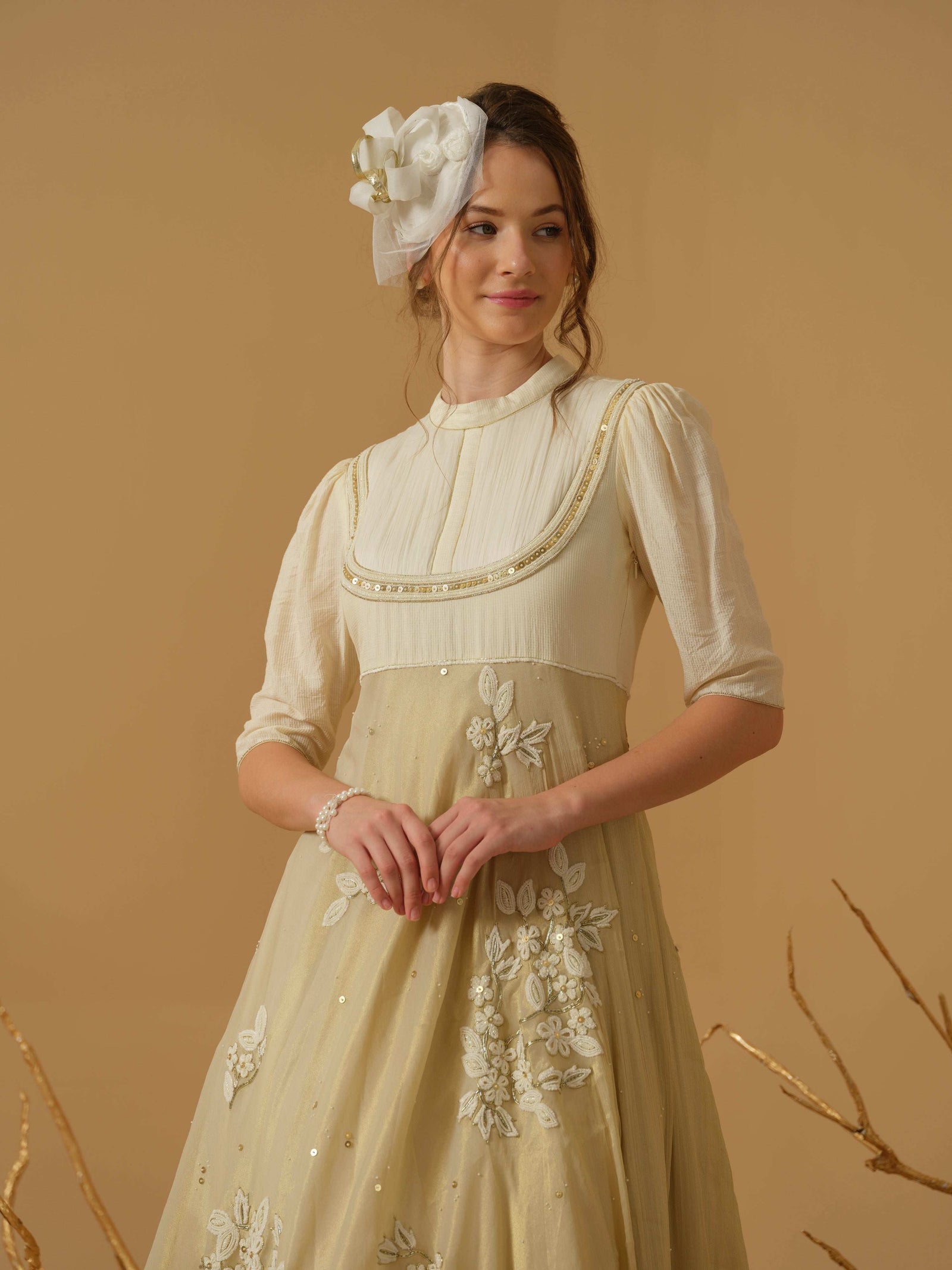 A 3/4Th Sleeves , Mandarin Collar Flared Dress