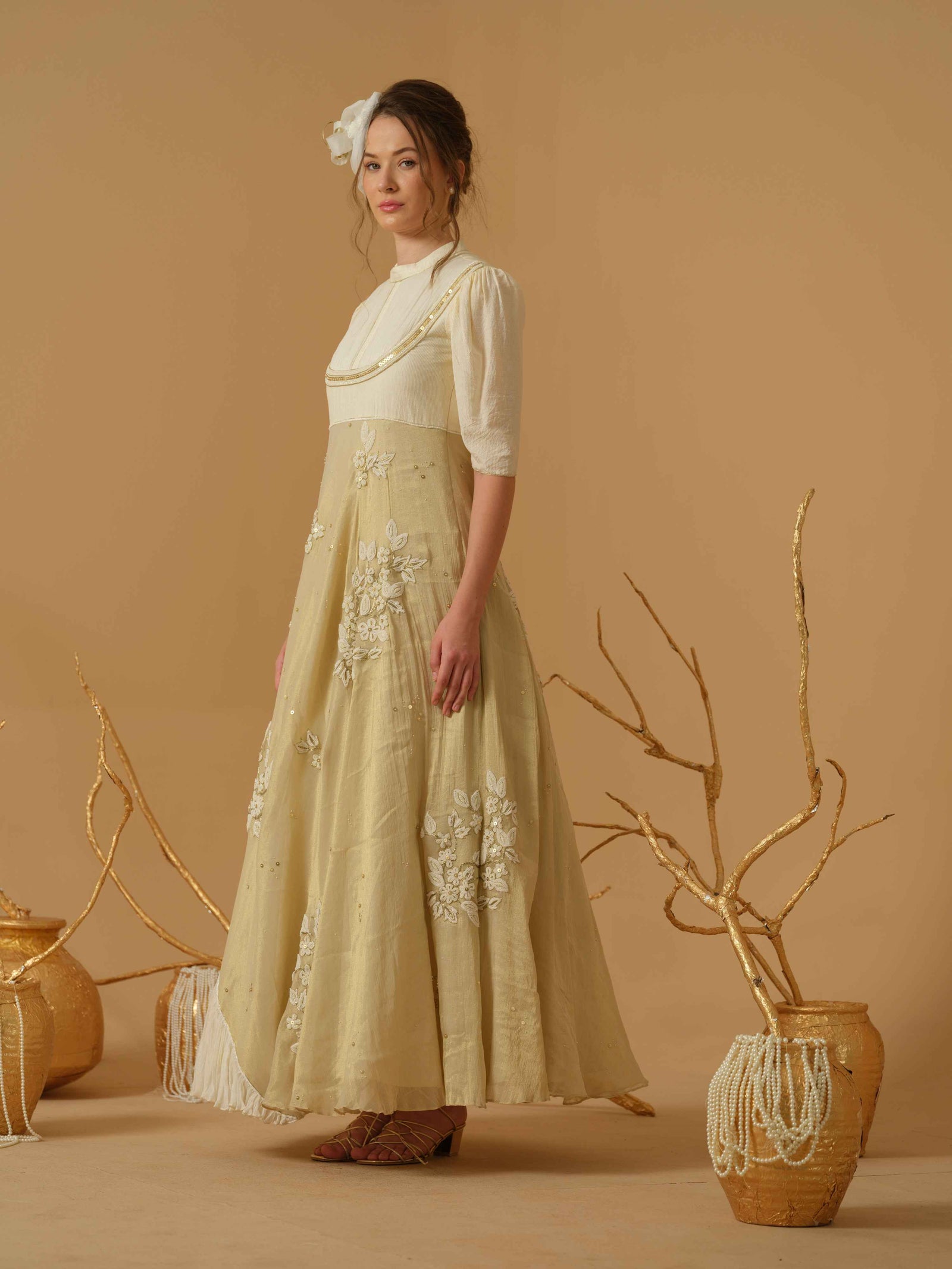 Closed Neck Dress With The Ruched Yoke