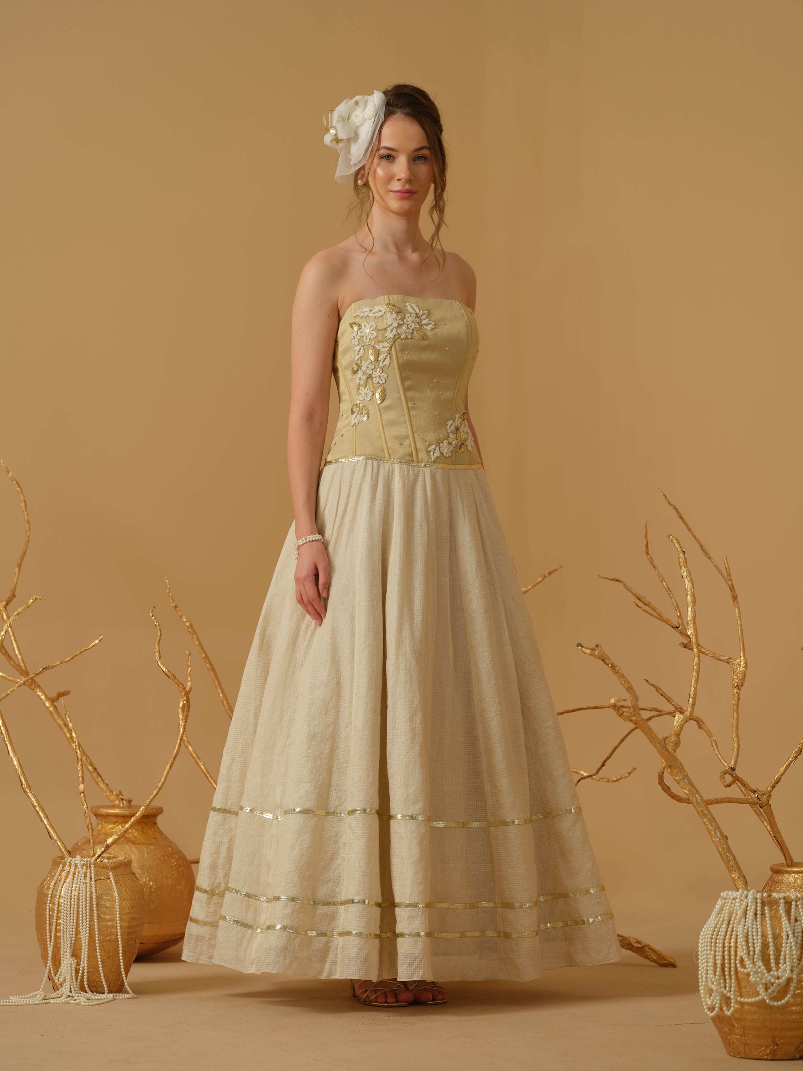 A Full Length Flared Corset Dress Having Placement Floral