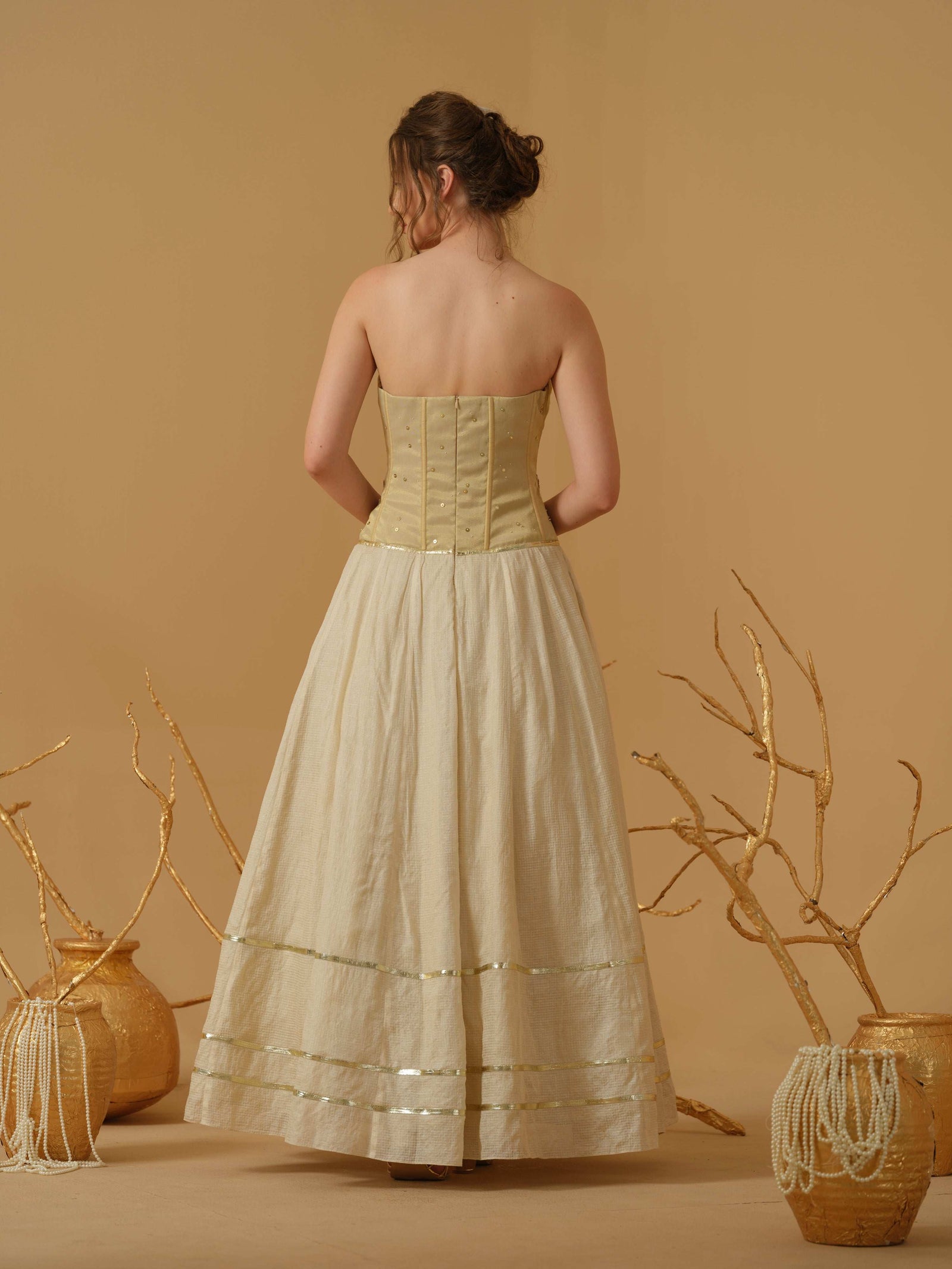 A Full Length Flared Corset Dress Having Placement Floral