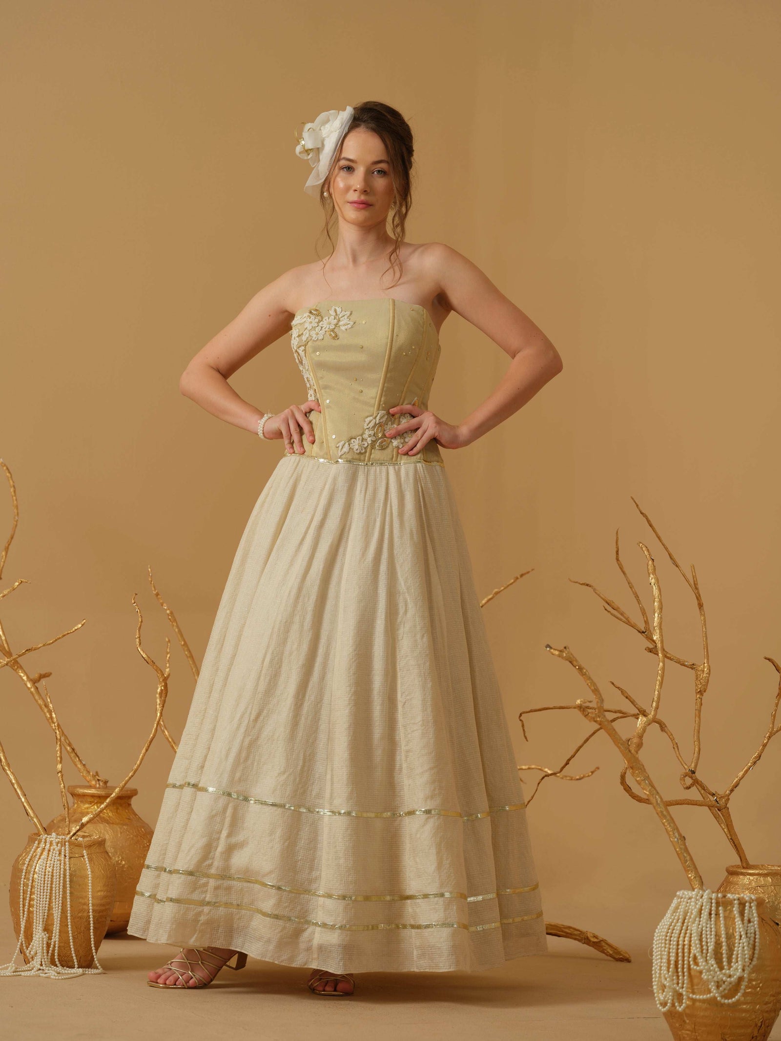 A Full Length Flared Corset Dress Having Placement Floral