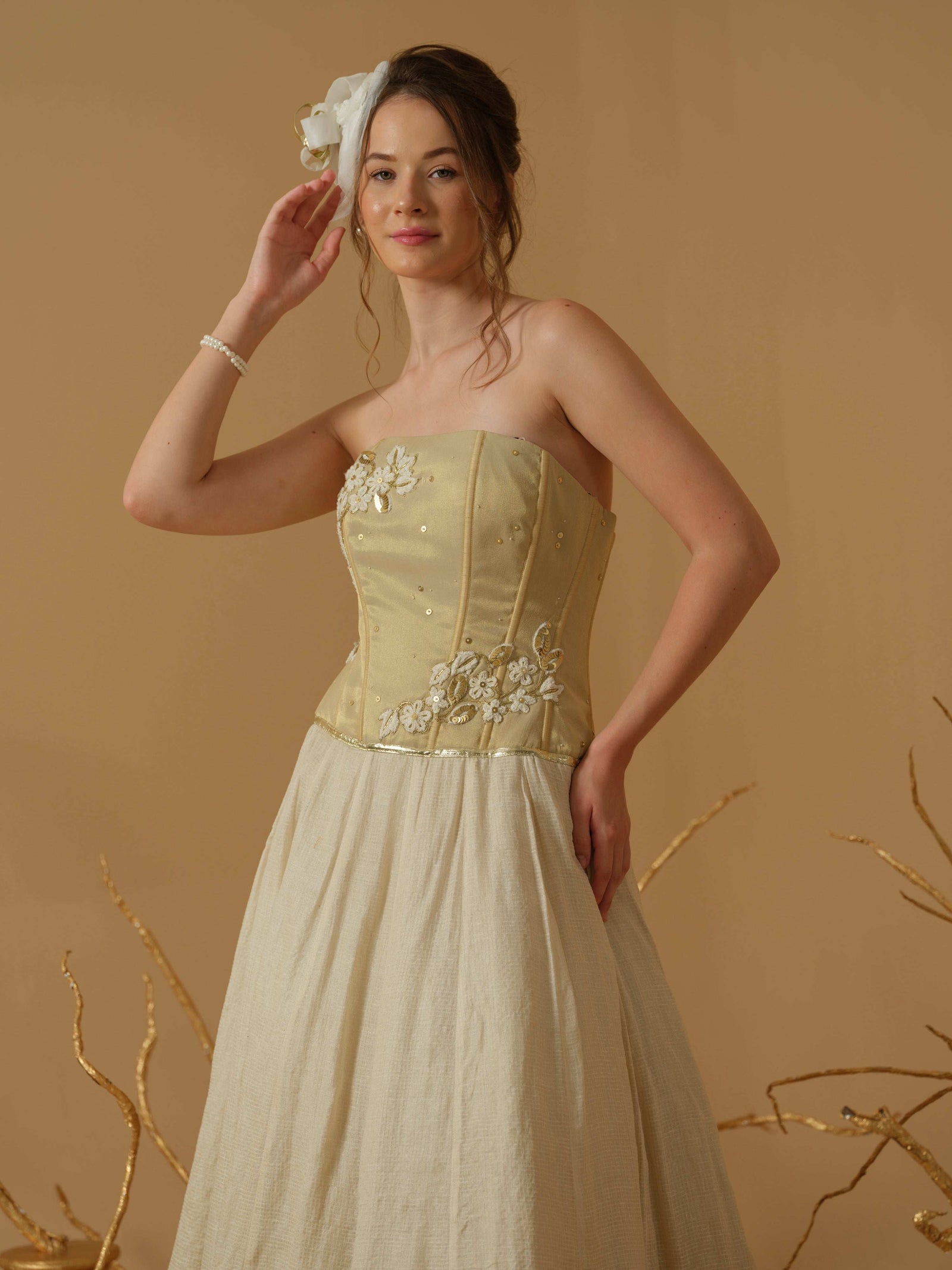 A Full Length Flared Corset Dress Having Placement Floral