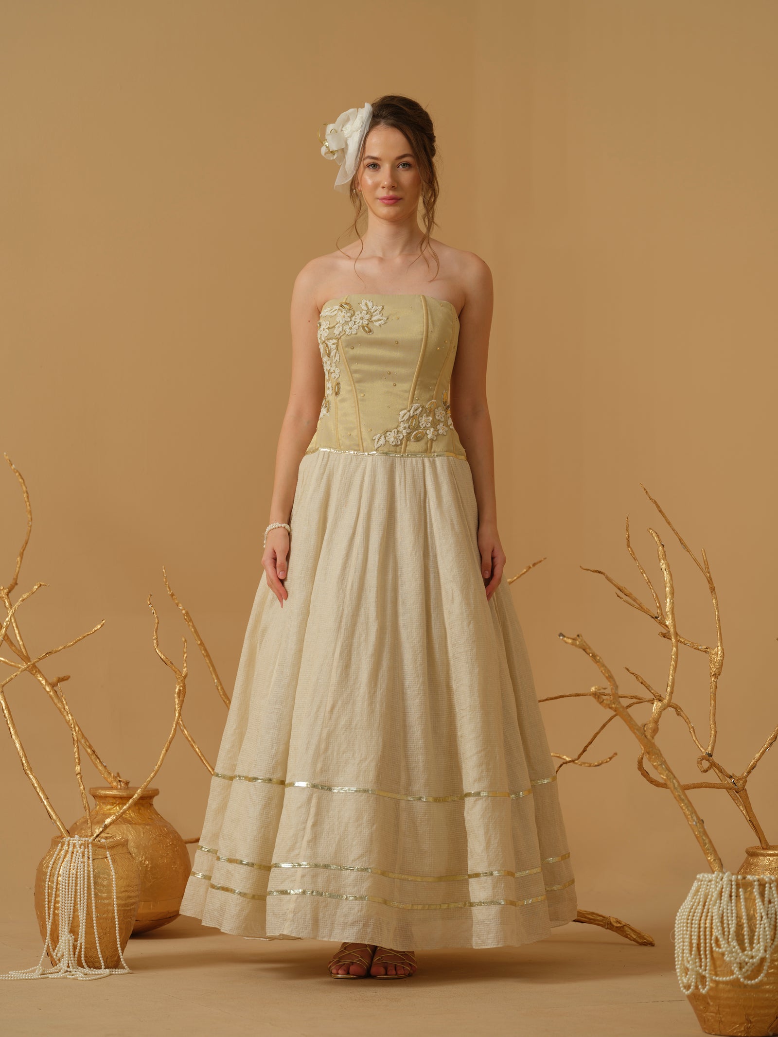 A Full Length Flared Corset Dress Having Placement Floral
