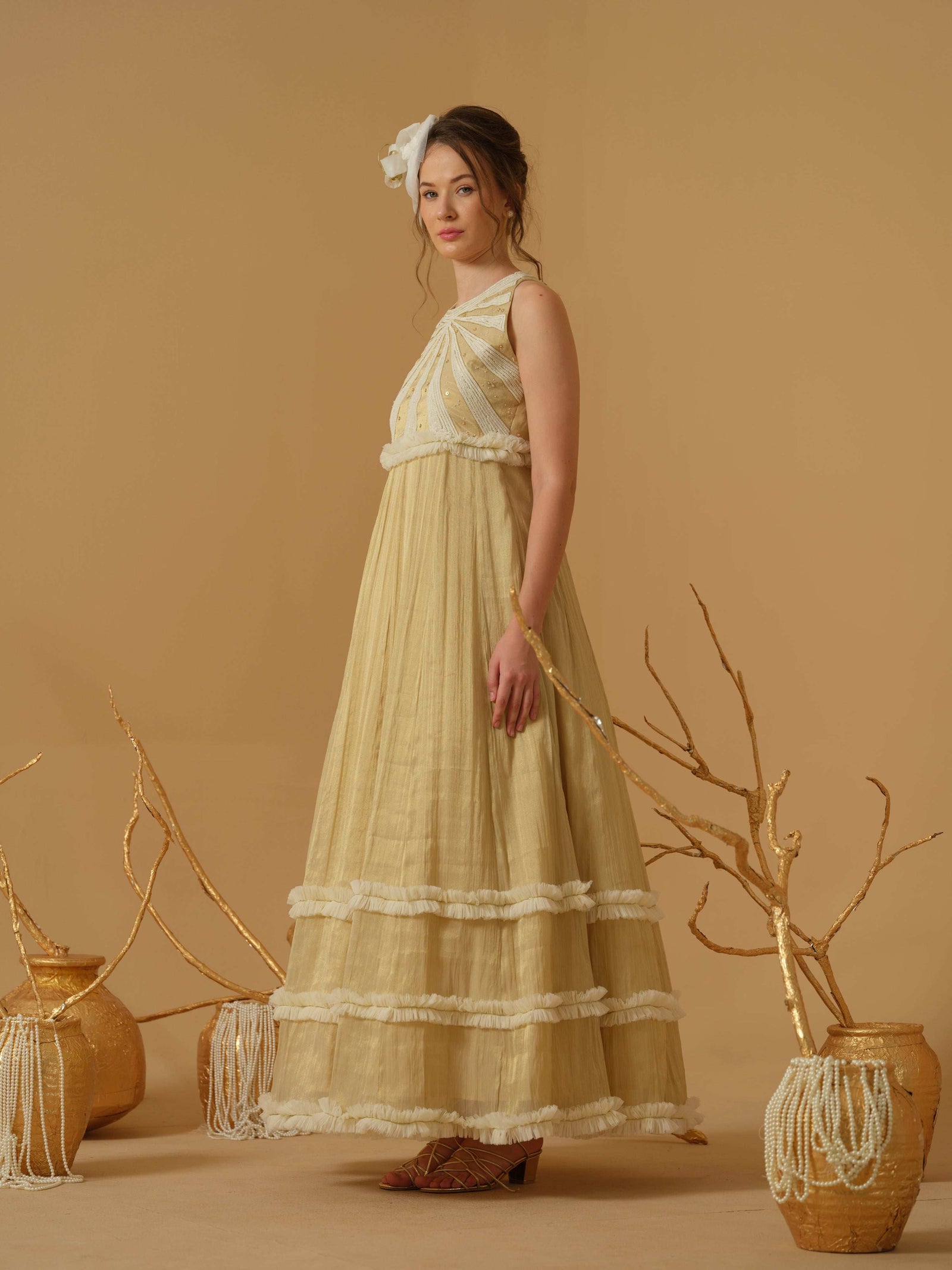 A Close Neck Full Length Dress  Having  Embroidery  On The Bodice