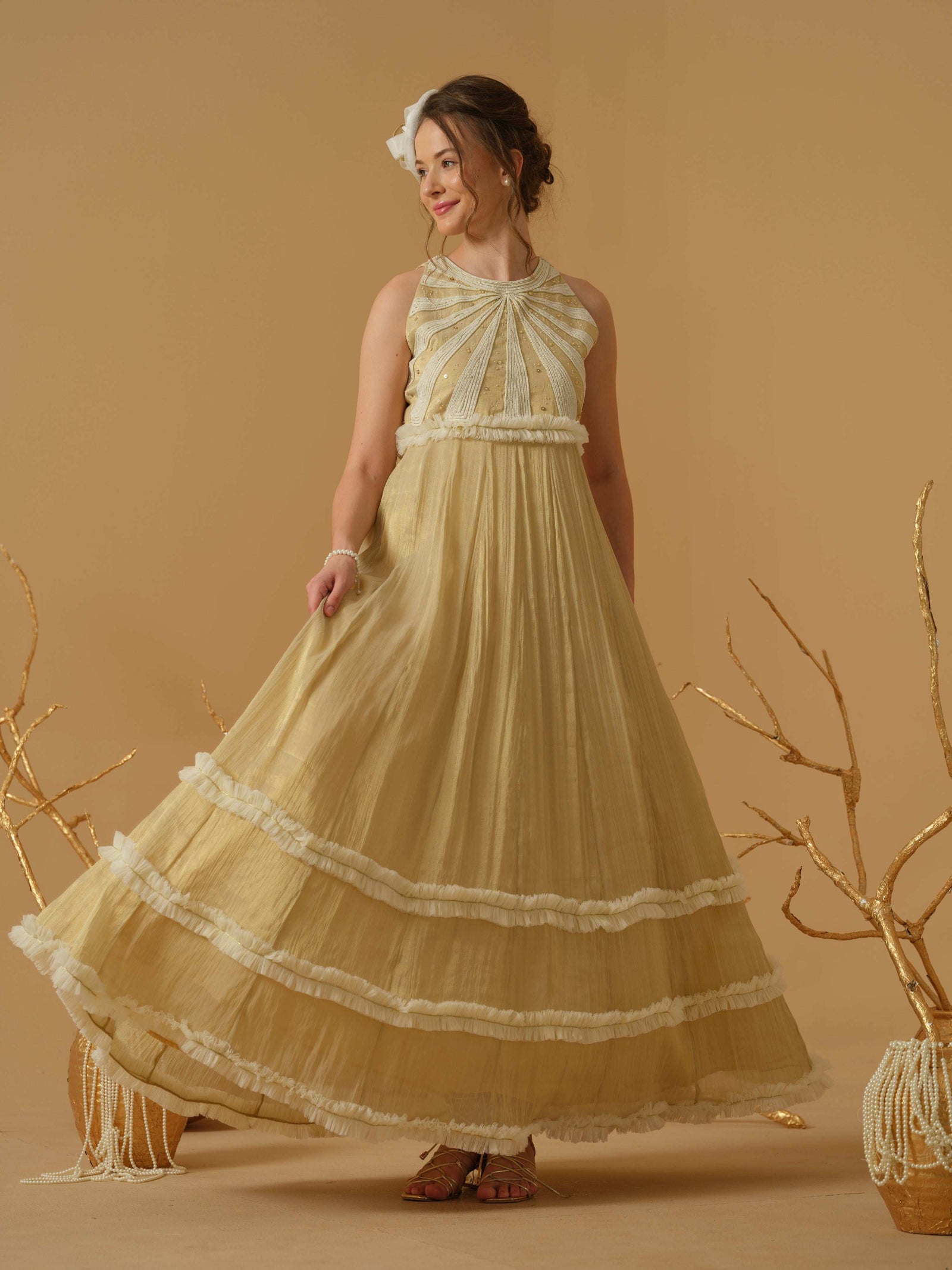 A Close Neck Full Length Dress  Having  Embroidery  On The Bodice