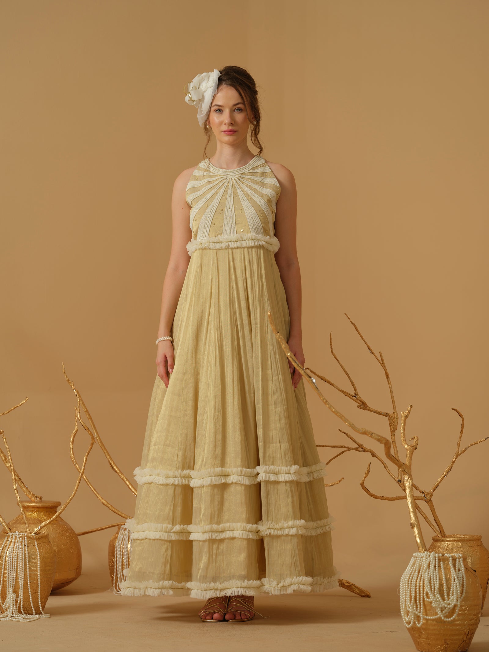 A Close Neck Full Length Dress  Having  Embroidery  On The Bodice