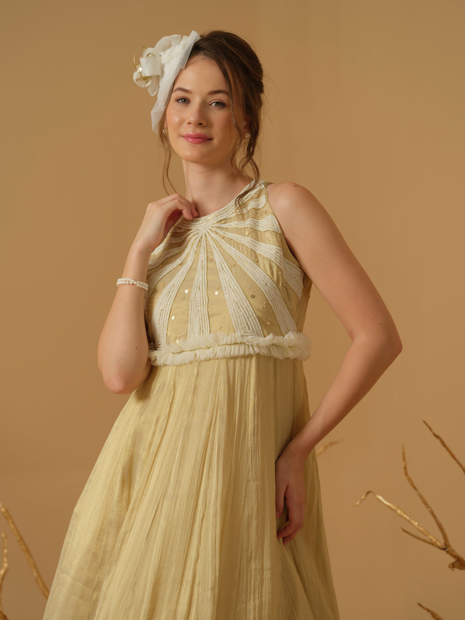 A Close Neck Full Length Dress  Having  Embroidery  On The Bodice