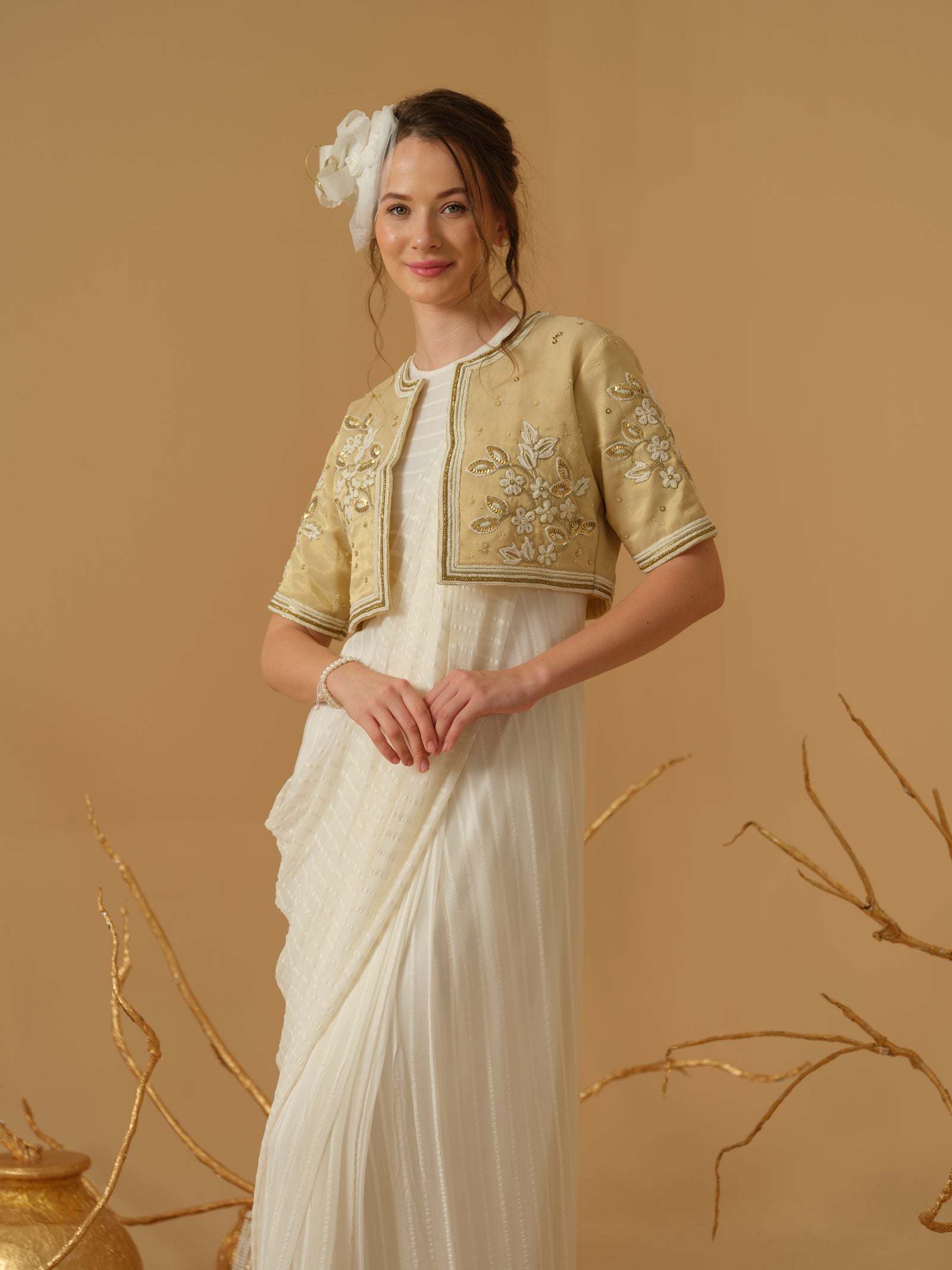 A Close Neck Full Length Sleeveless Concept Saree