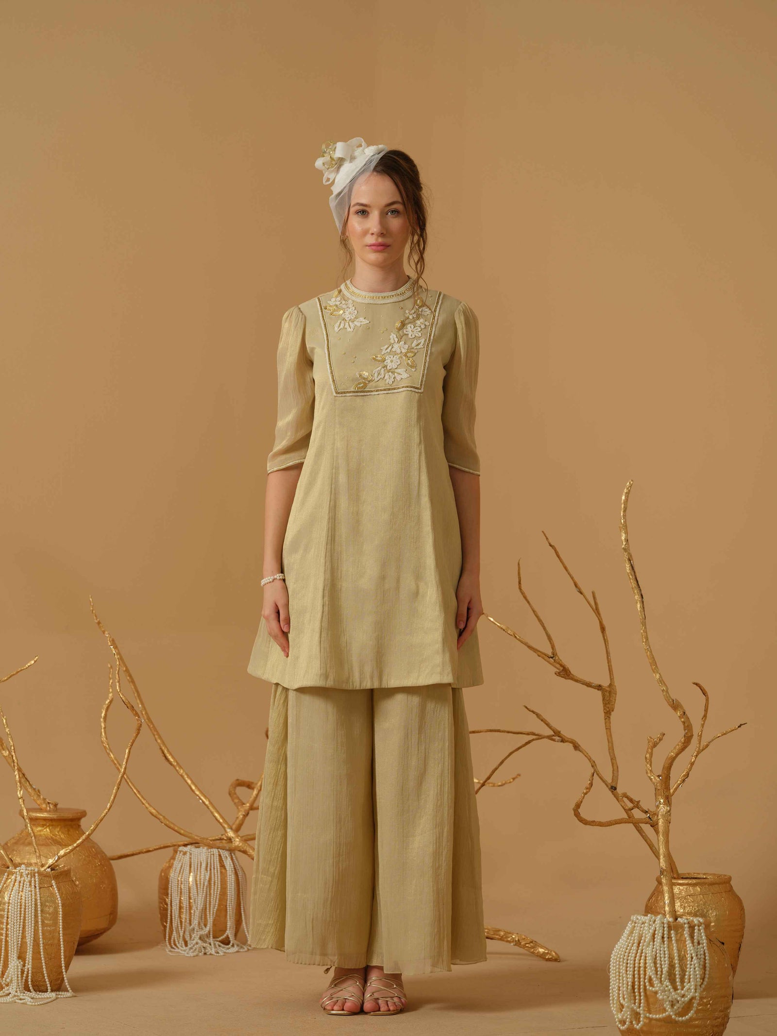 Kurta With Embellished Yoke And Culottes