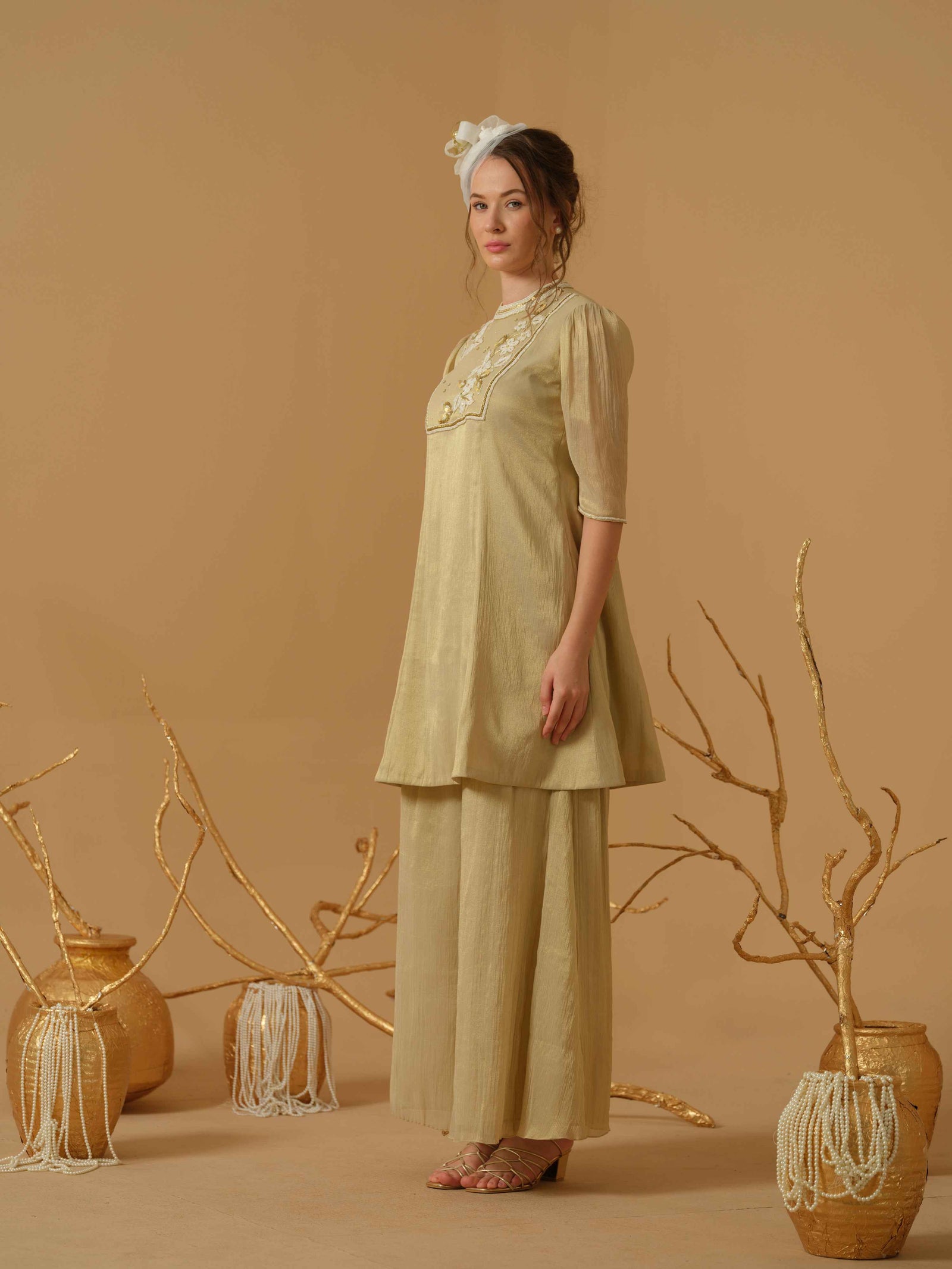 Kurta With Embellished Yoke And Culottes
