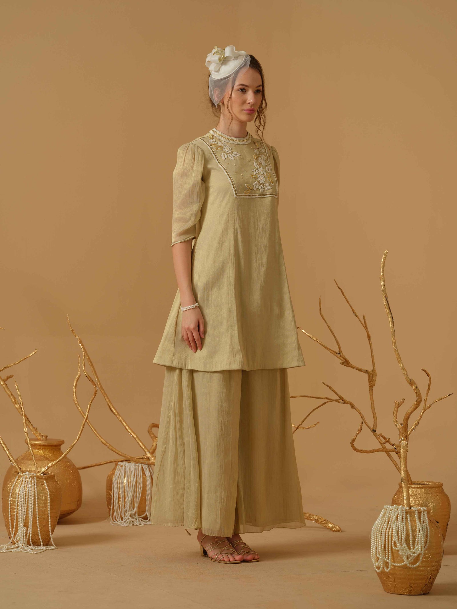 Kurta With Embellished Yoke And Culottes