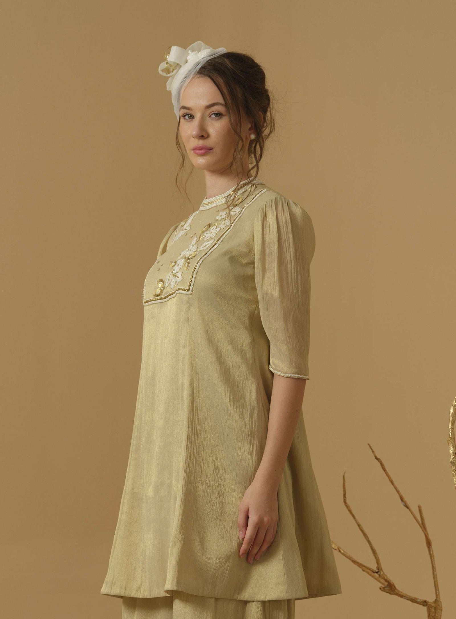 A Mandarin Collar, 3/4 Sleeves Gather Details, Knee-Length Kurta