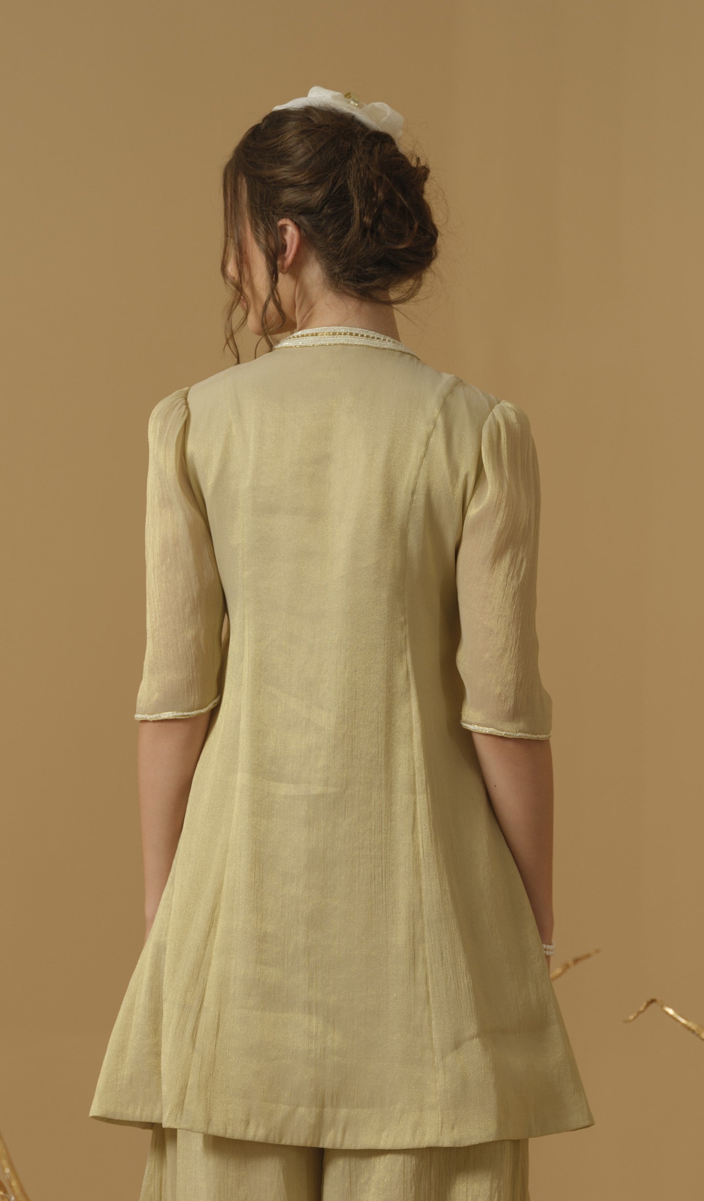 A Mandarin Collar, 3/4 Sleeves Gather Details, Knee-Length Kurta