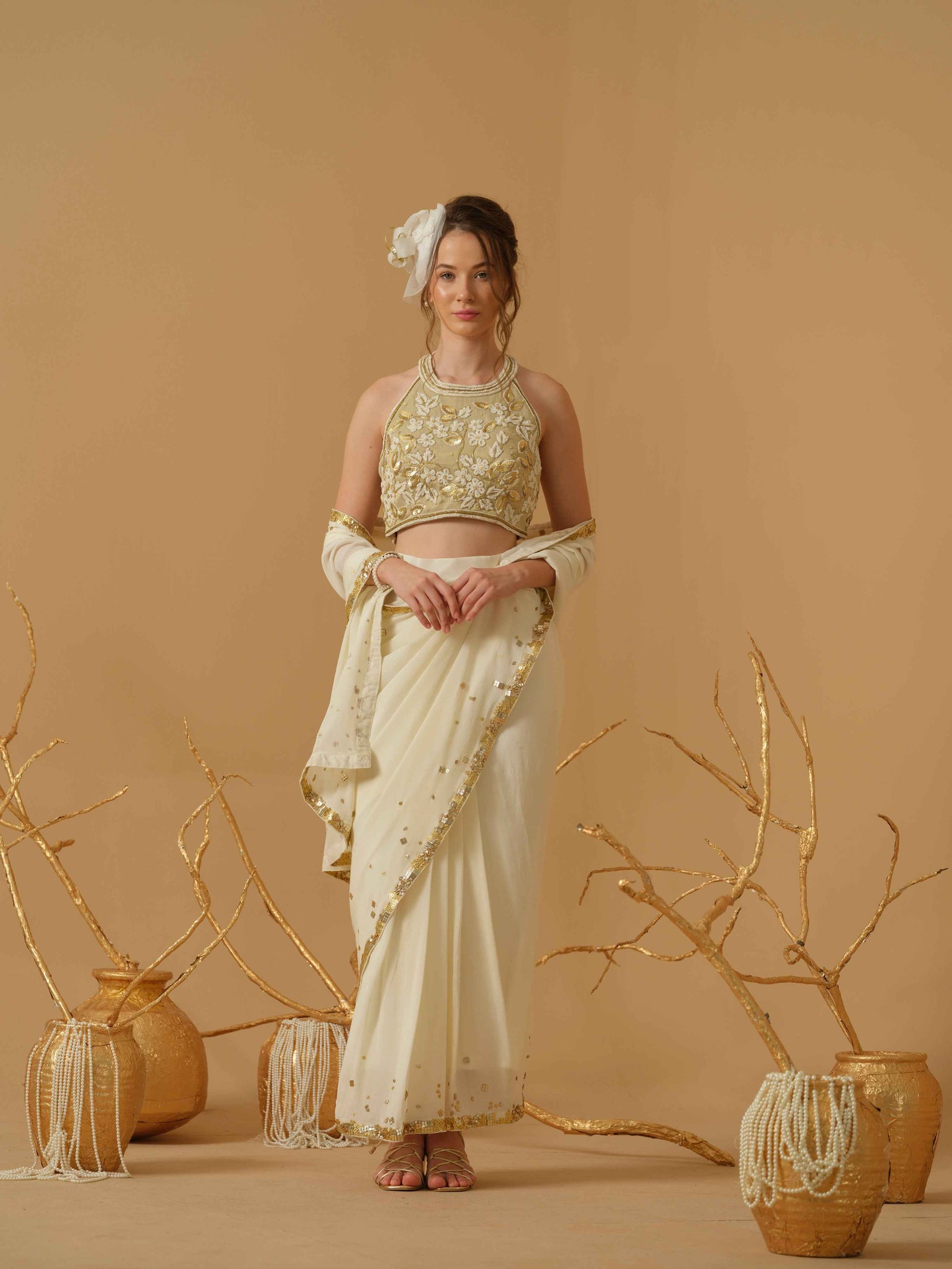 Pre - Stitched Saree With Halter Neck Blouse