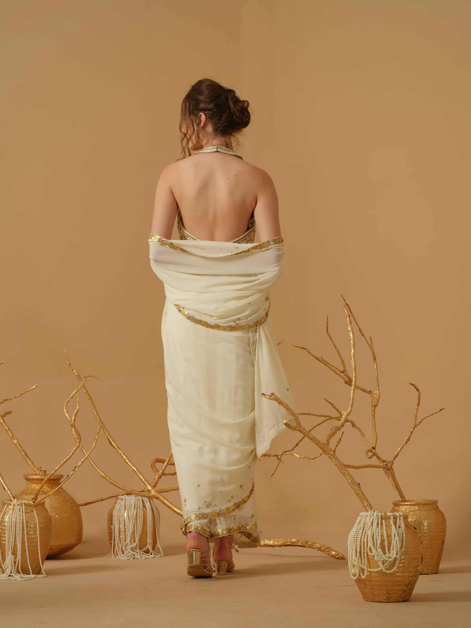 Pre - Stitched Saree With Halter Neck Blouse