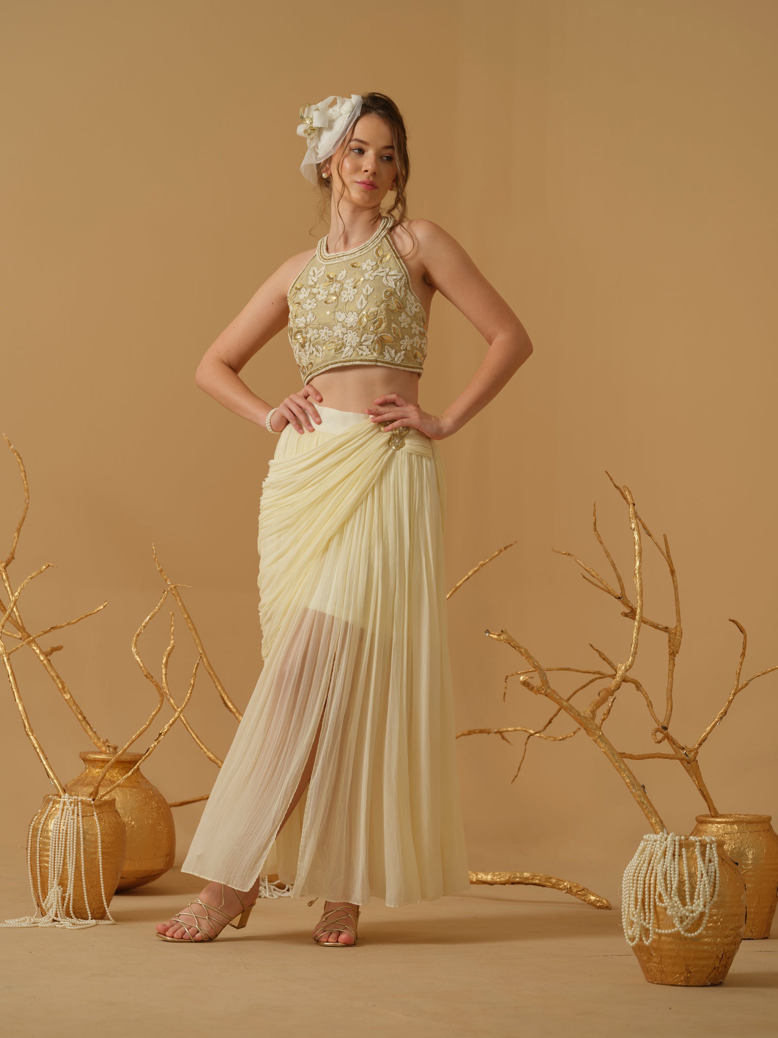 A  Halter Neck Blouse Having  Floral Embroidery  Paired With Draped Skirt