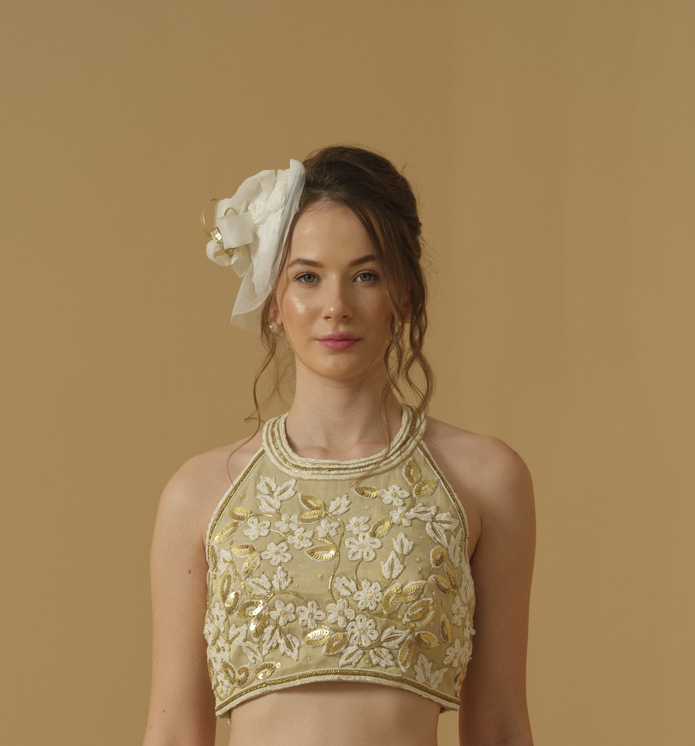 Featuring A  Halter Neck Top Having  Floral Embroidery