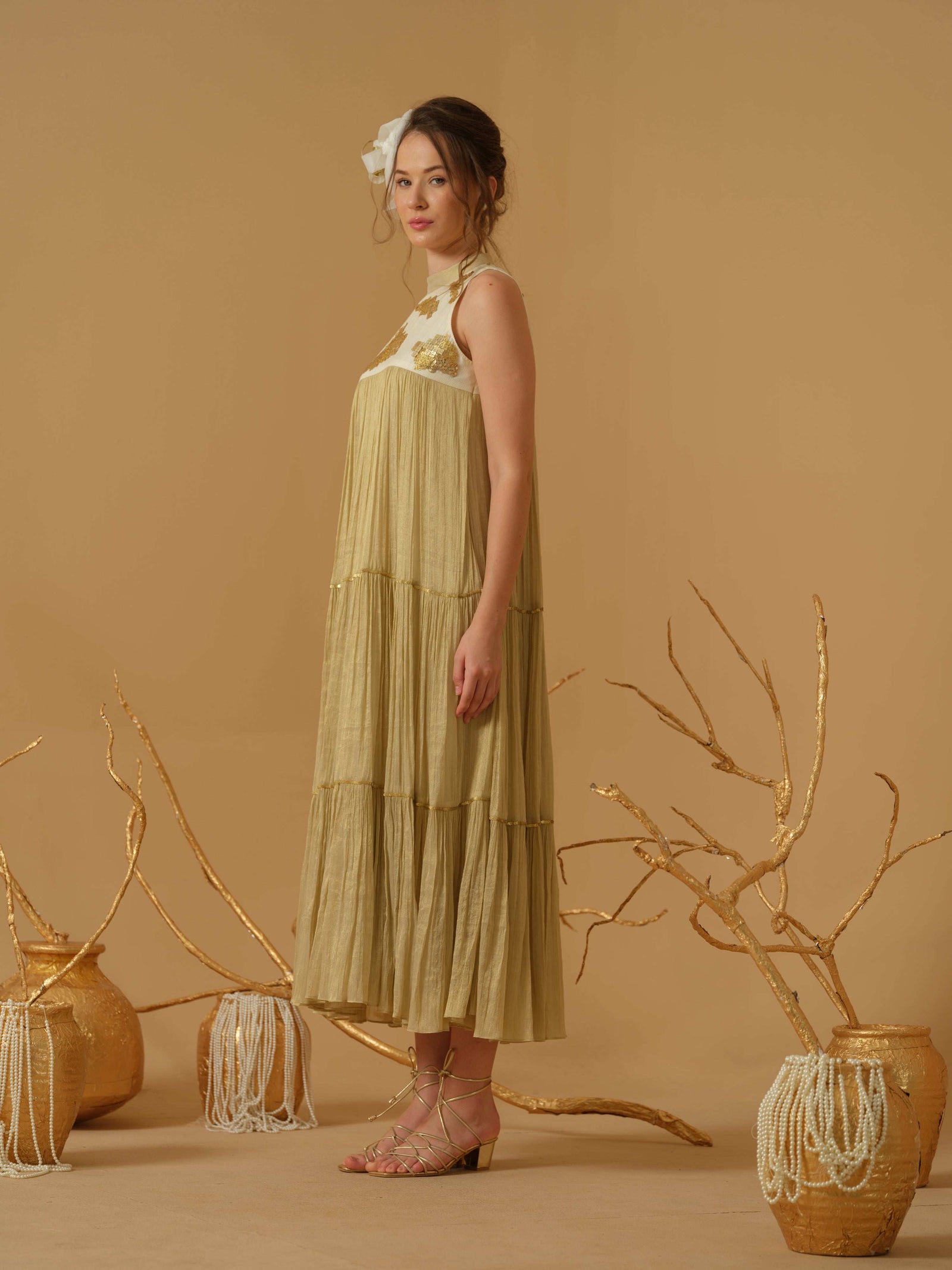 A  Mandarin Collar, Sleeveless  Tiered Dress