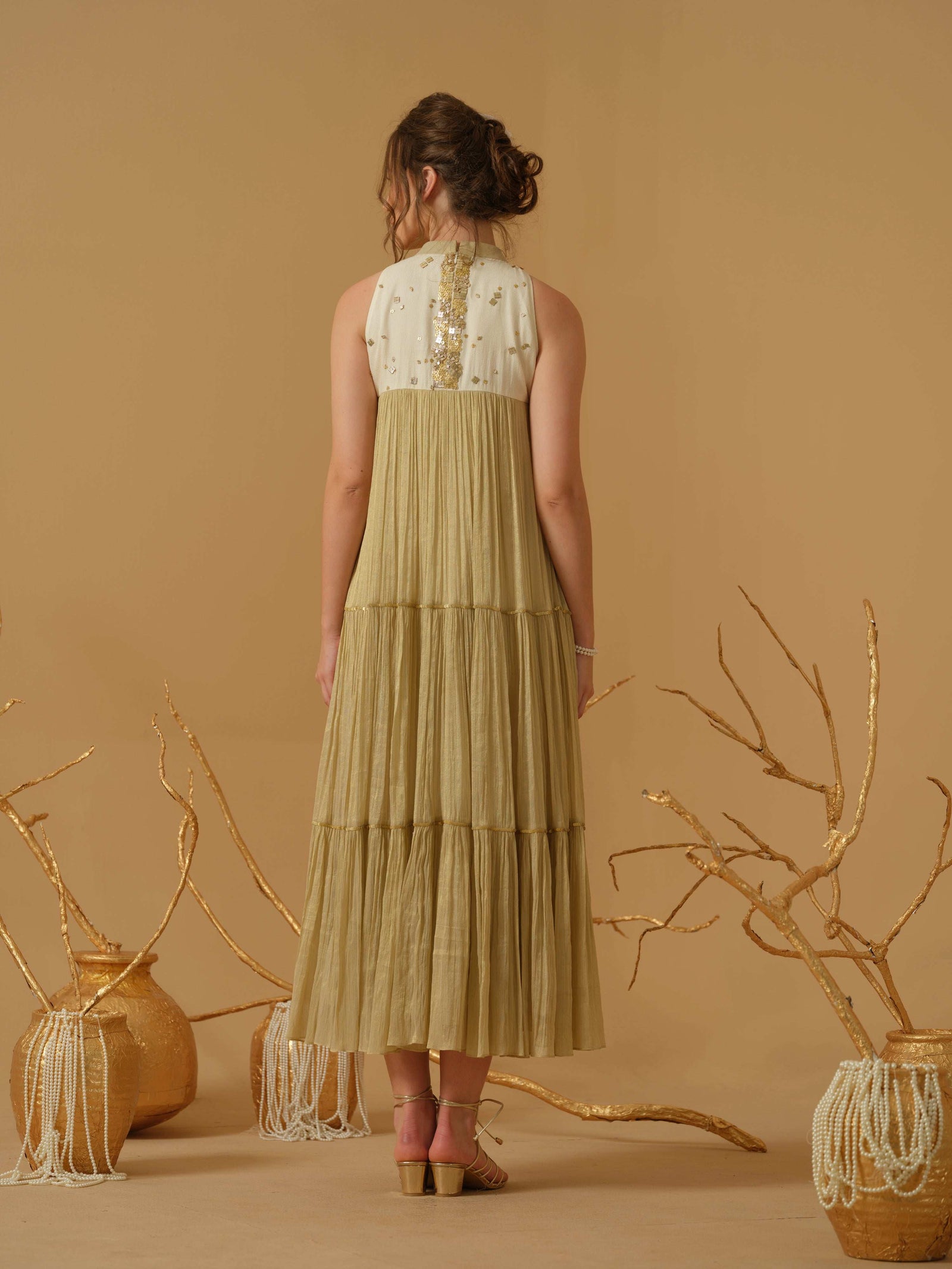 A  Mandarin Collar, Sleeveless  Tiered Dress