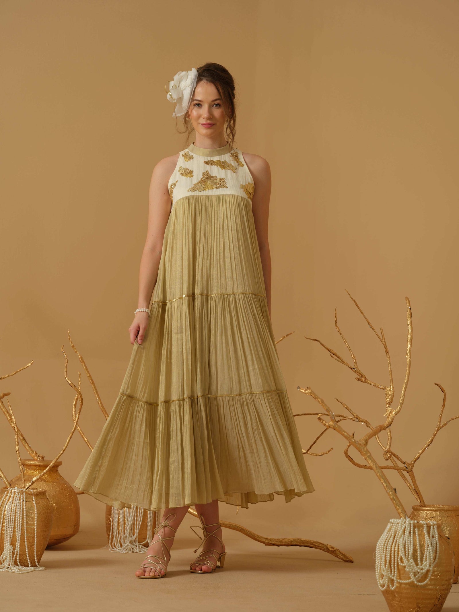 A  Mandarin Collar, Sleeveless  Tiered Dress