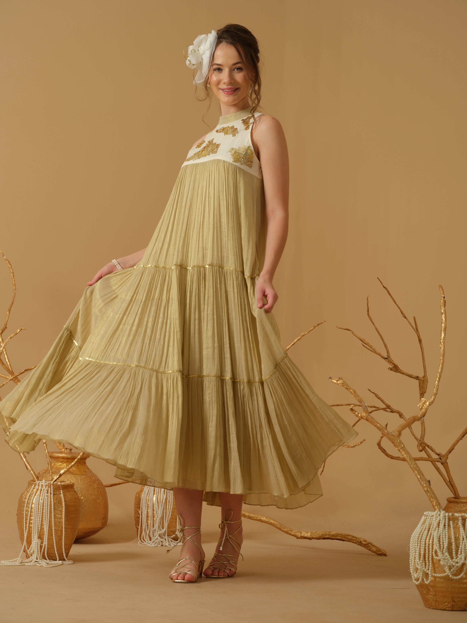 A  Mandarin Collar, Sleeveless  Tiered Dress
