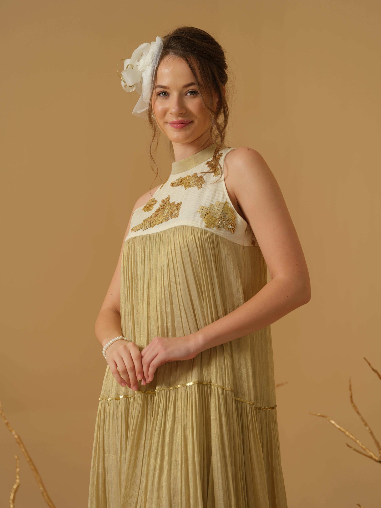 A  Mandarin Collar, Sleeveless  Tiered Dress