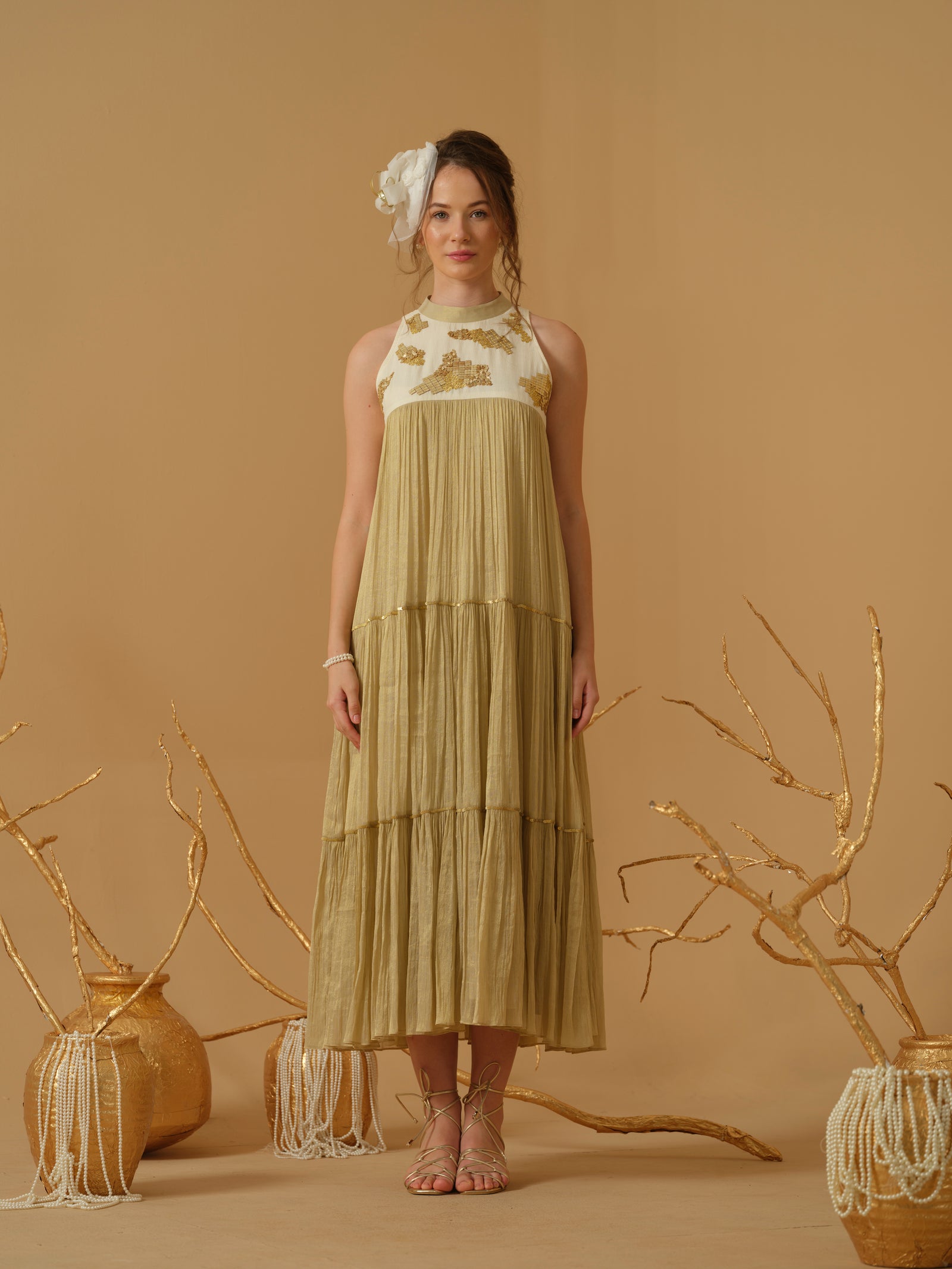 A  Mandarin Collar, Sleeveless  Tiered Dress