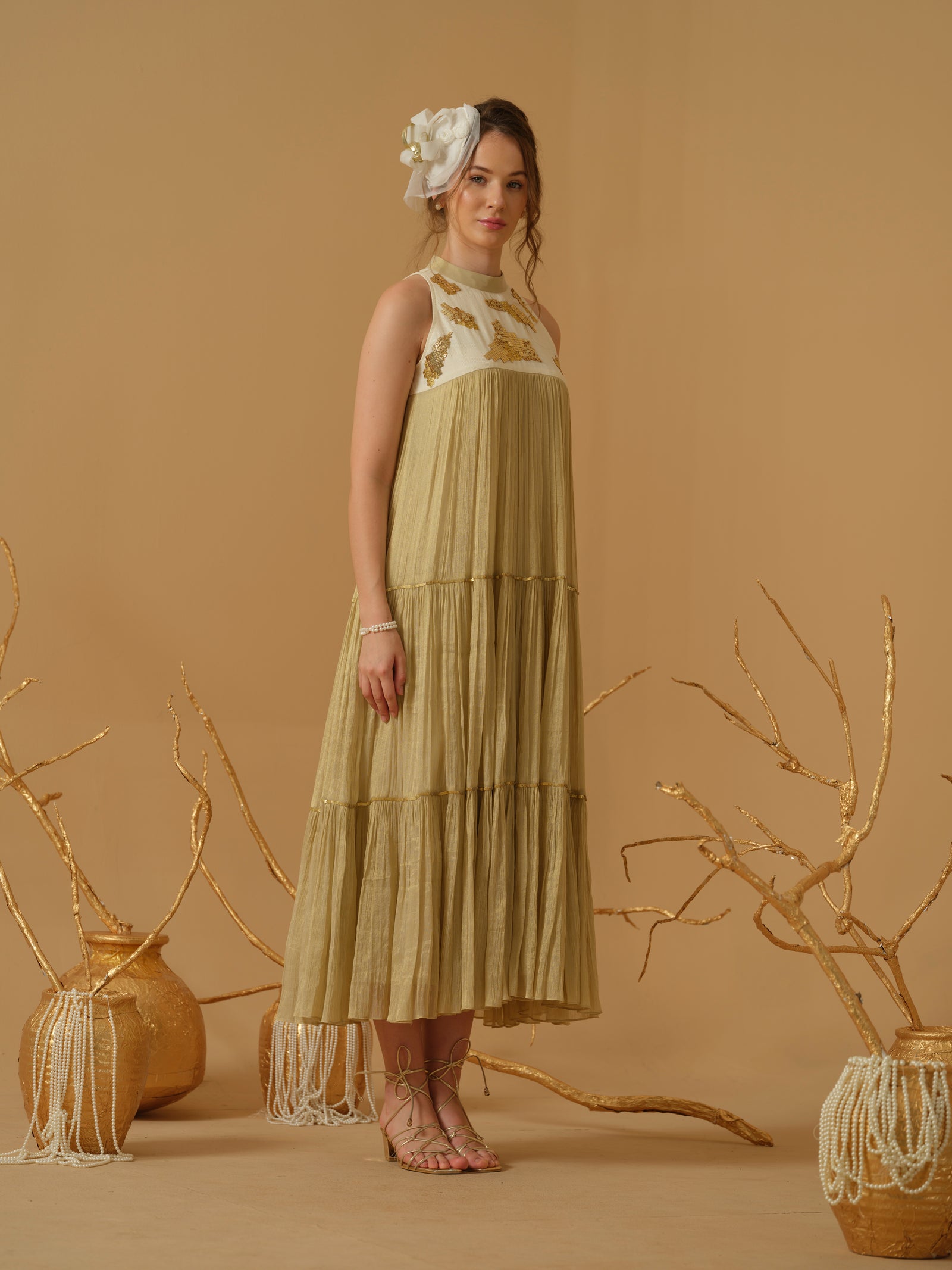 A  Mandarin Collar, Sleeveless  Tiered Dress
